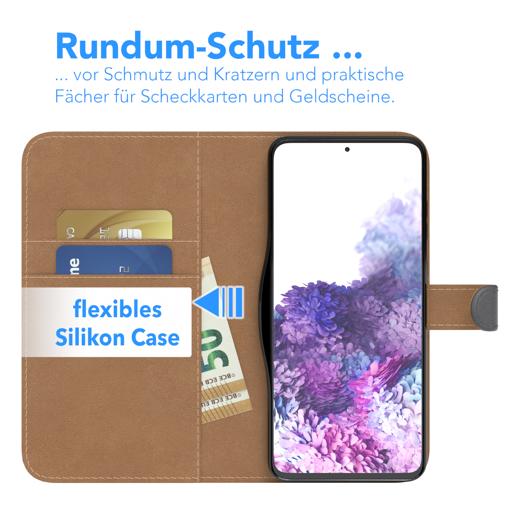 Telefonhülle, Karten und Geld in brauner Lederhülle. Text: flexible Silikonhülle.