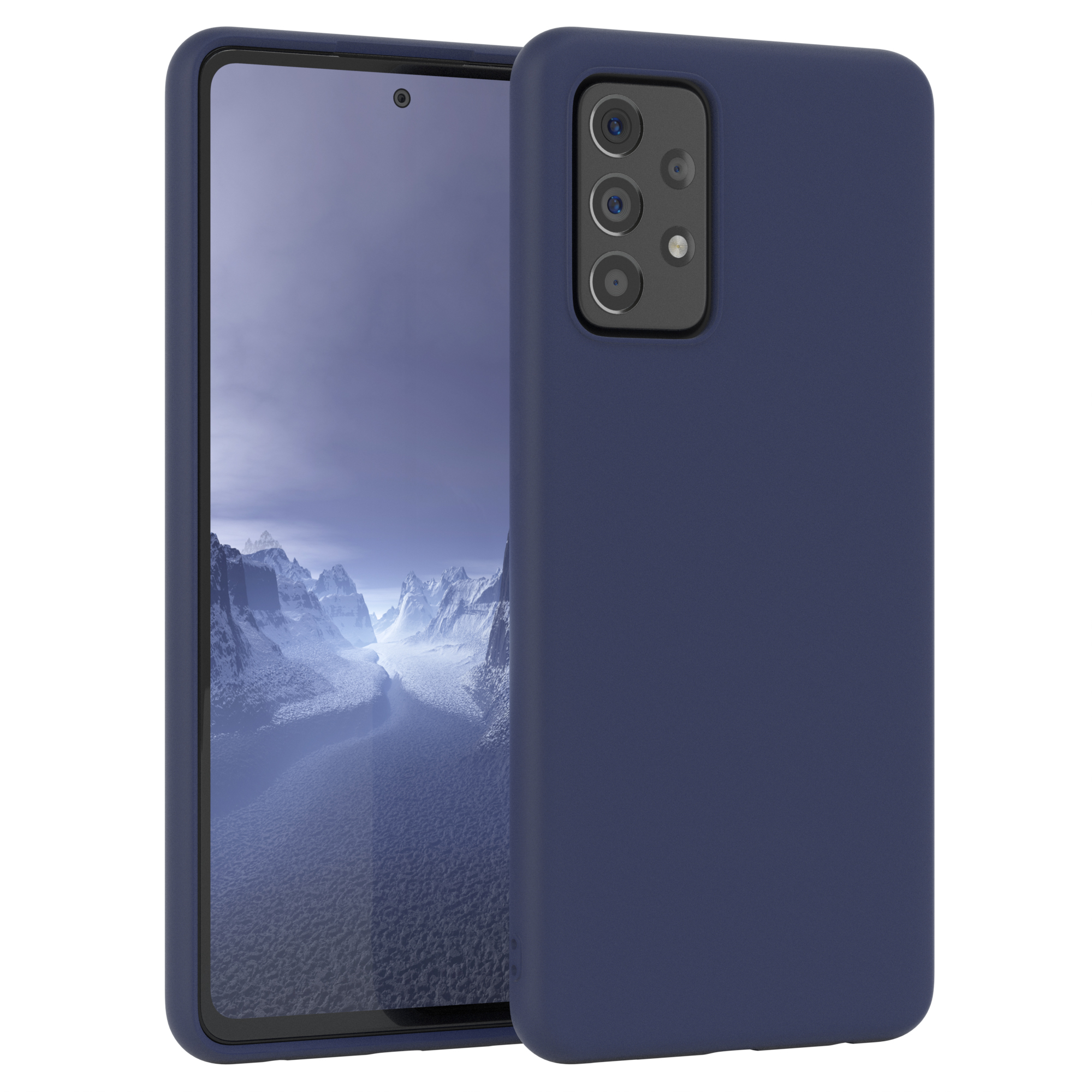 Marineblaues Telefon mit Hülle. Hintergrund ist weiß.