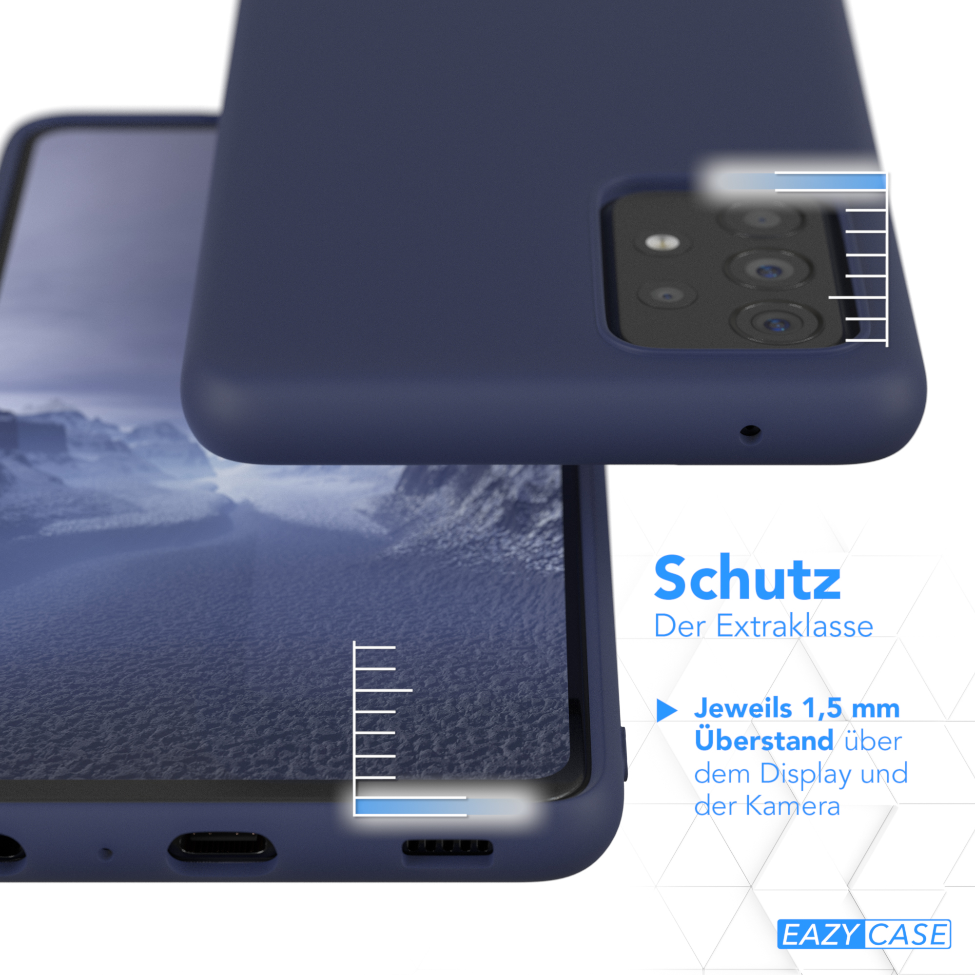 Marineblaue Handyhülle mit erhöhten Kanten, die Kamera und Display schützt.