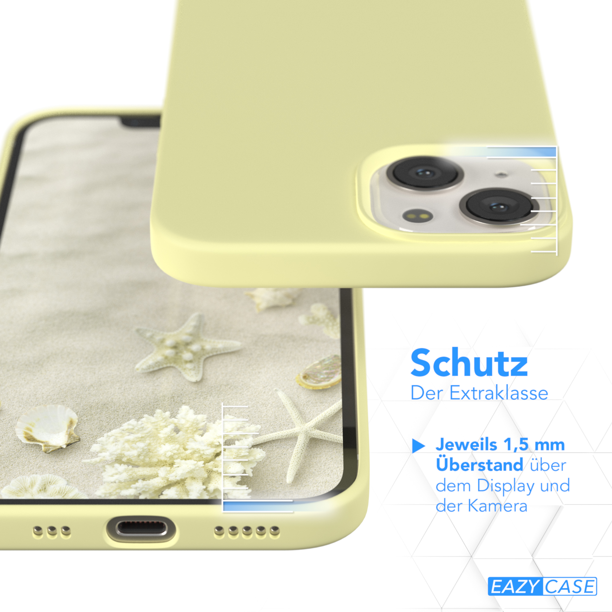 Gelbe Handyhülle auf Oberfläche mit Muscheln, schützt das Display.