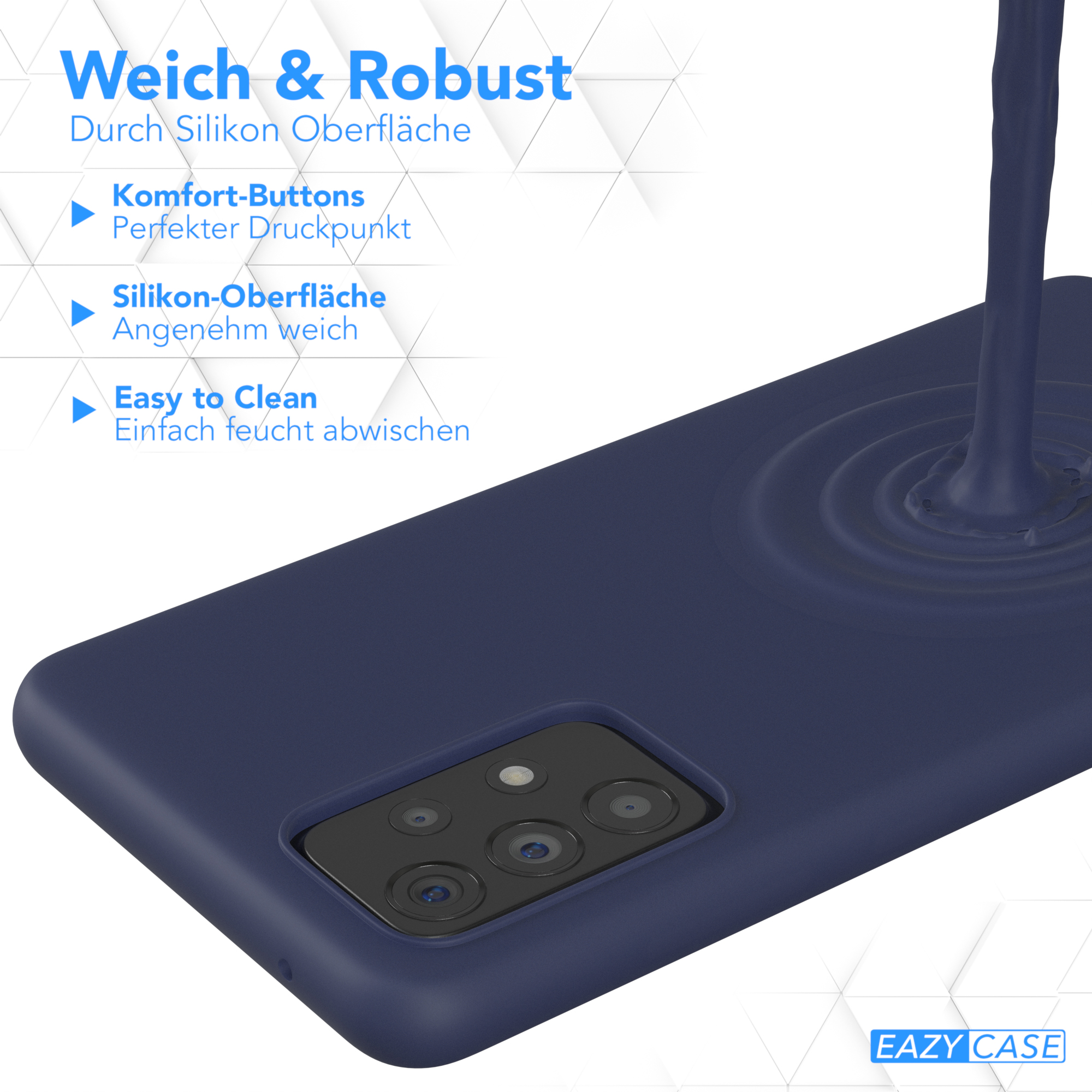 Eine marineblaue Handyhülle mit einem Telefon darin. Die Hülle liegt auf dunkler Oberfläche.