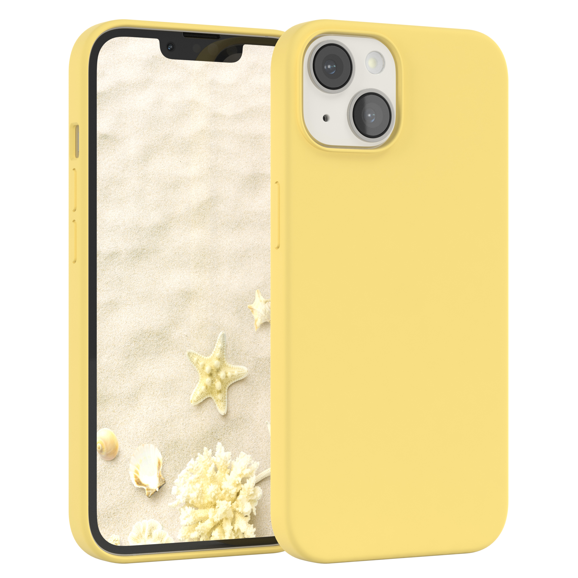 Gelbes Telefon in gelber Hülle. Der Bildschirm zeigt einen Strand mit Muscheln und Seesternen.