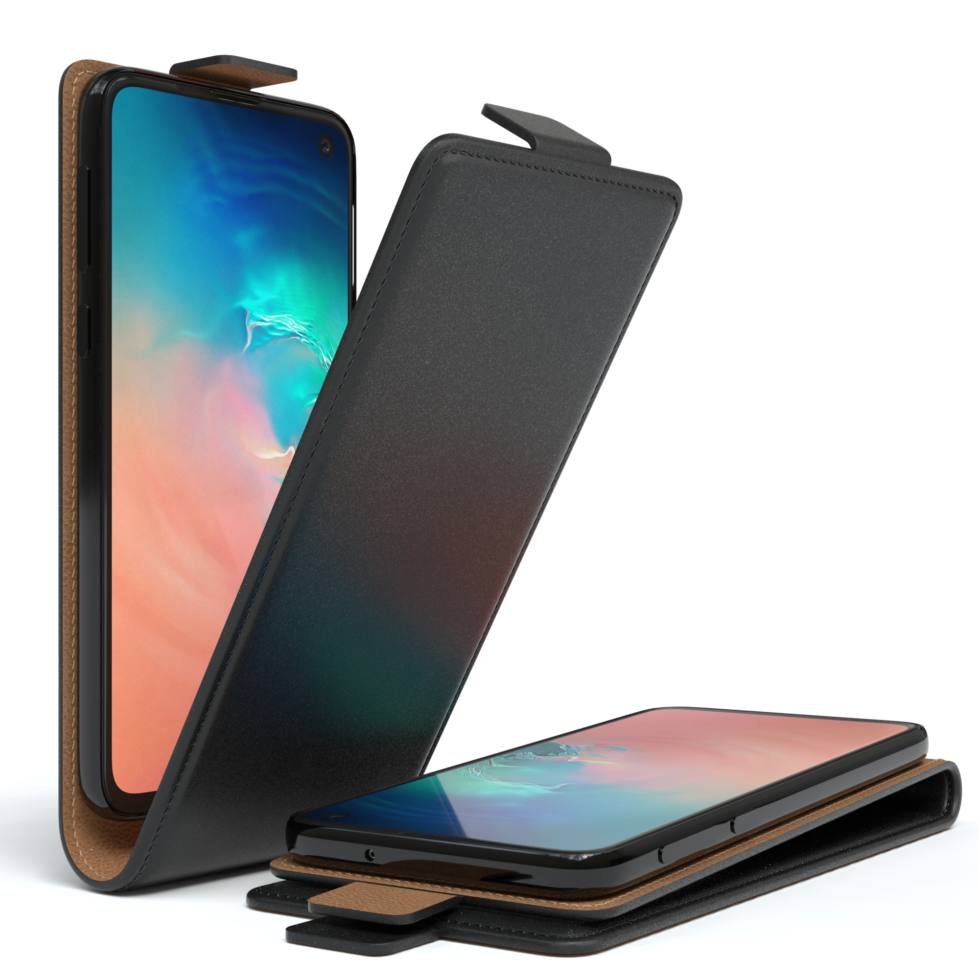 Handyhülle mit Telefon darin. Das Telefon wird aus der Hülle gehoben.