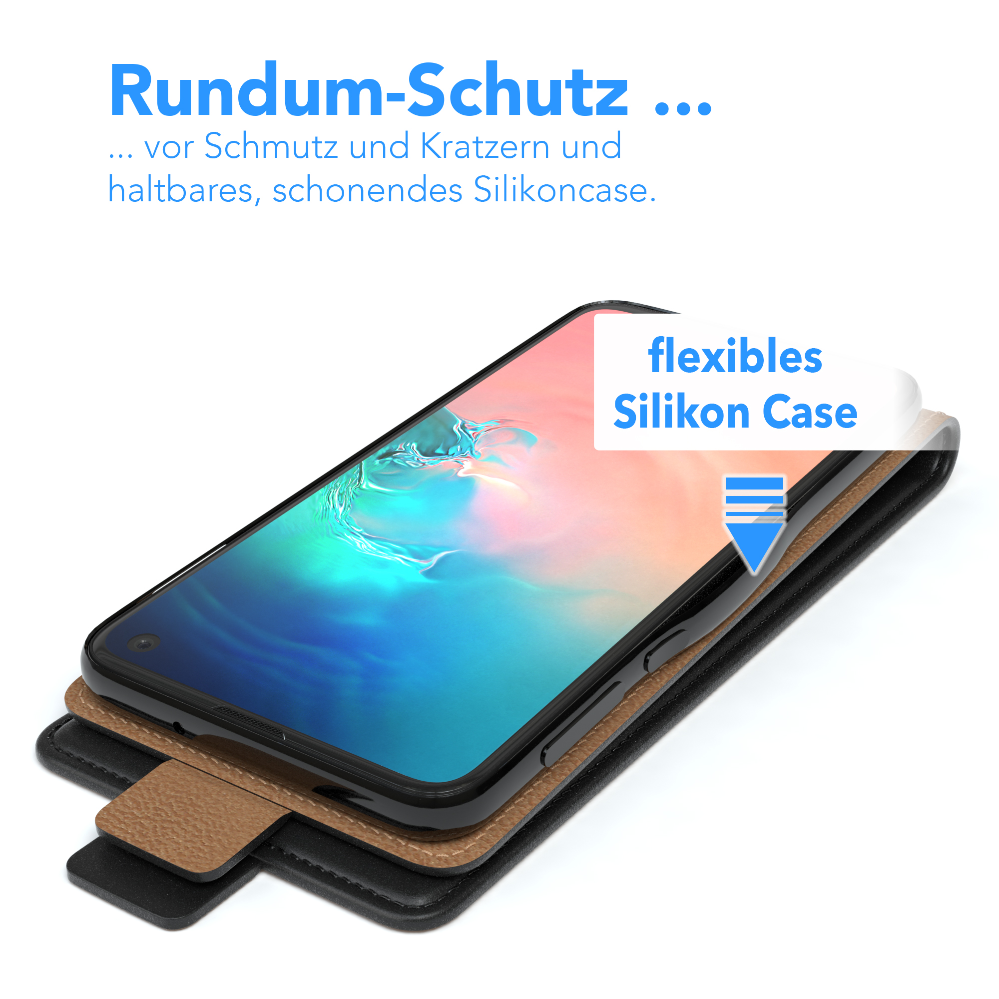 Telefon in einer Hülle, Rückseite und Innenseite zeigend, wobei die flexible Silikonhülle betont wird.