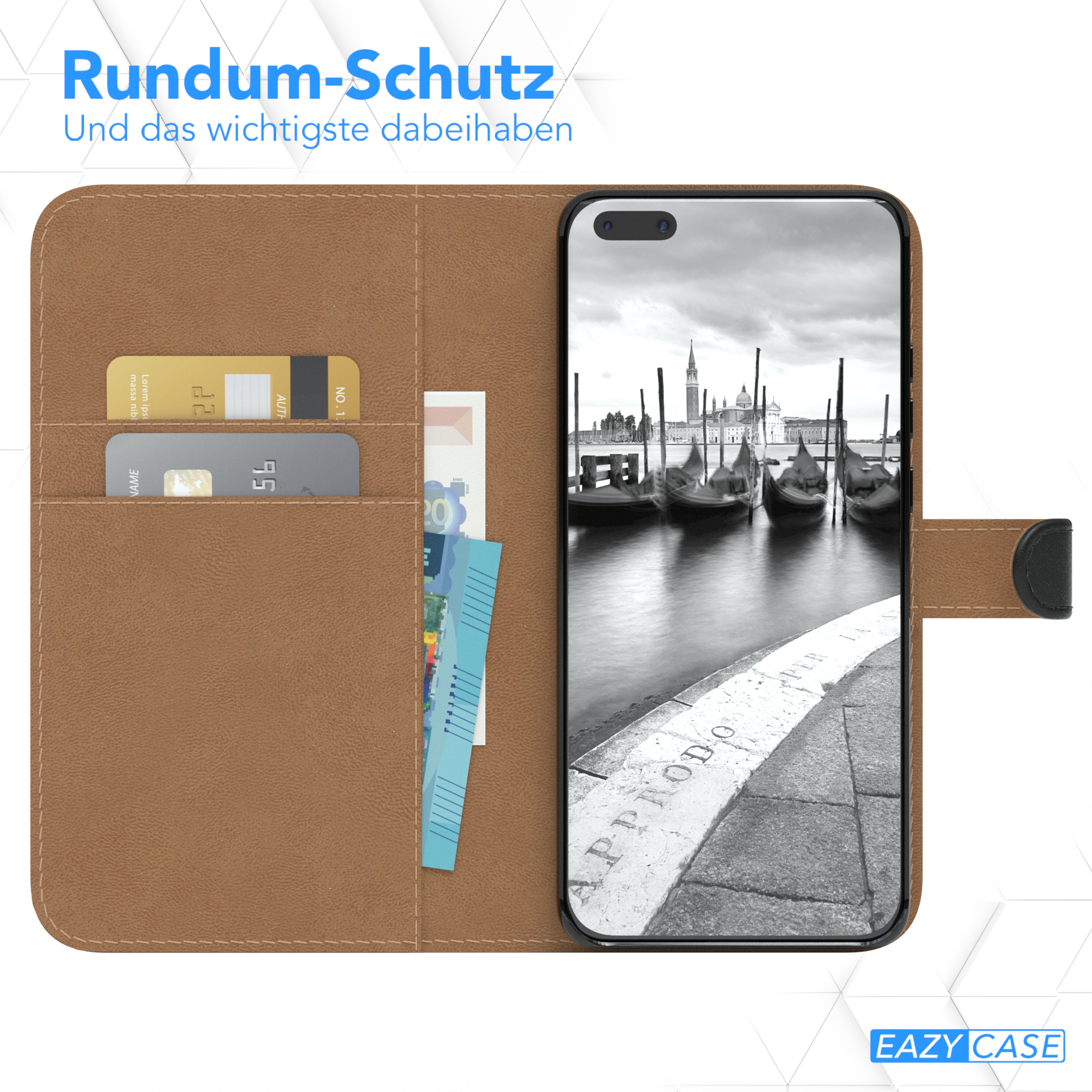 Braune Handyhülle mit Venedig-Bild. Karte und Geld im Etui.