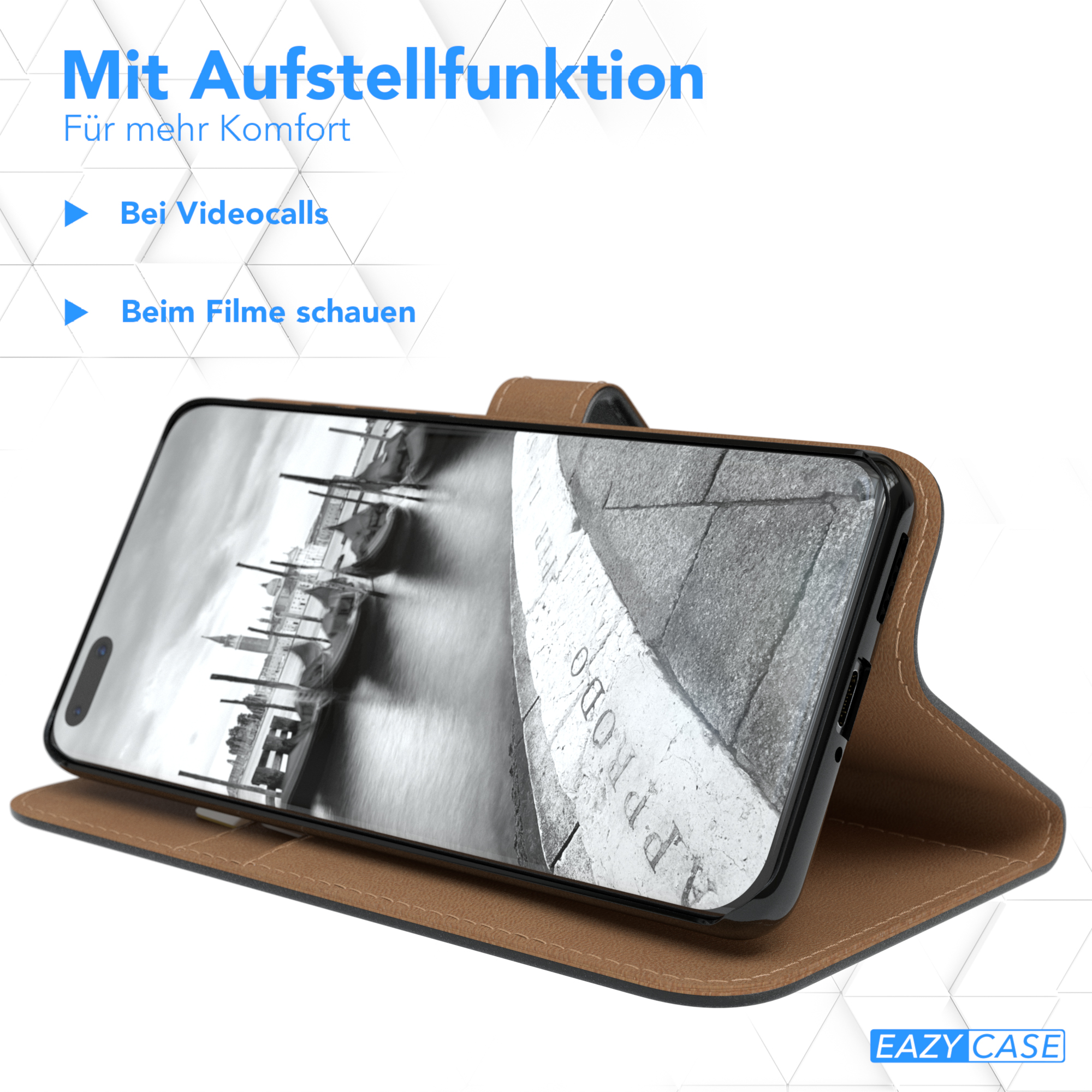 Telefon in einer braunen Brieftaschenhülle, Bildschirm zeigt ein Bild, Text über Unterstützung.