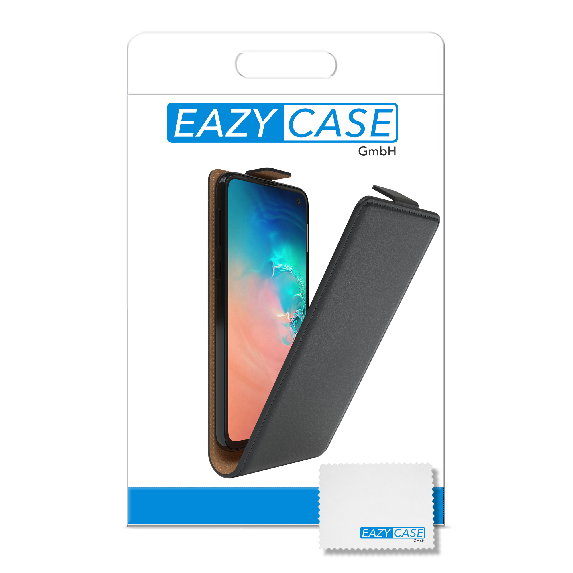 Handyhüllenverpackung, die ein Telefon im Inneren zeigt. Schwarzes Gehäuse, braune Innenseite, weißer Hintergrund.