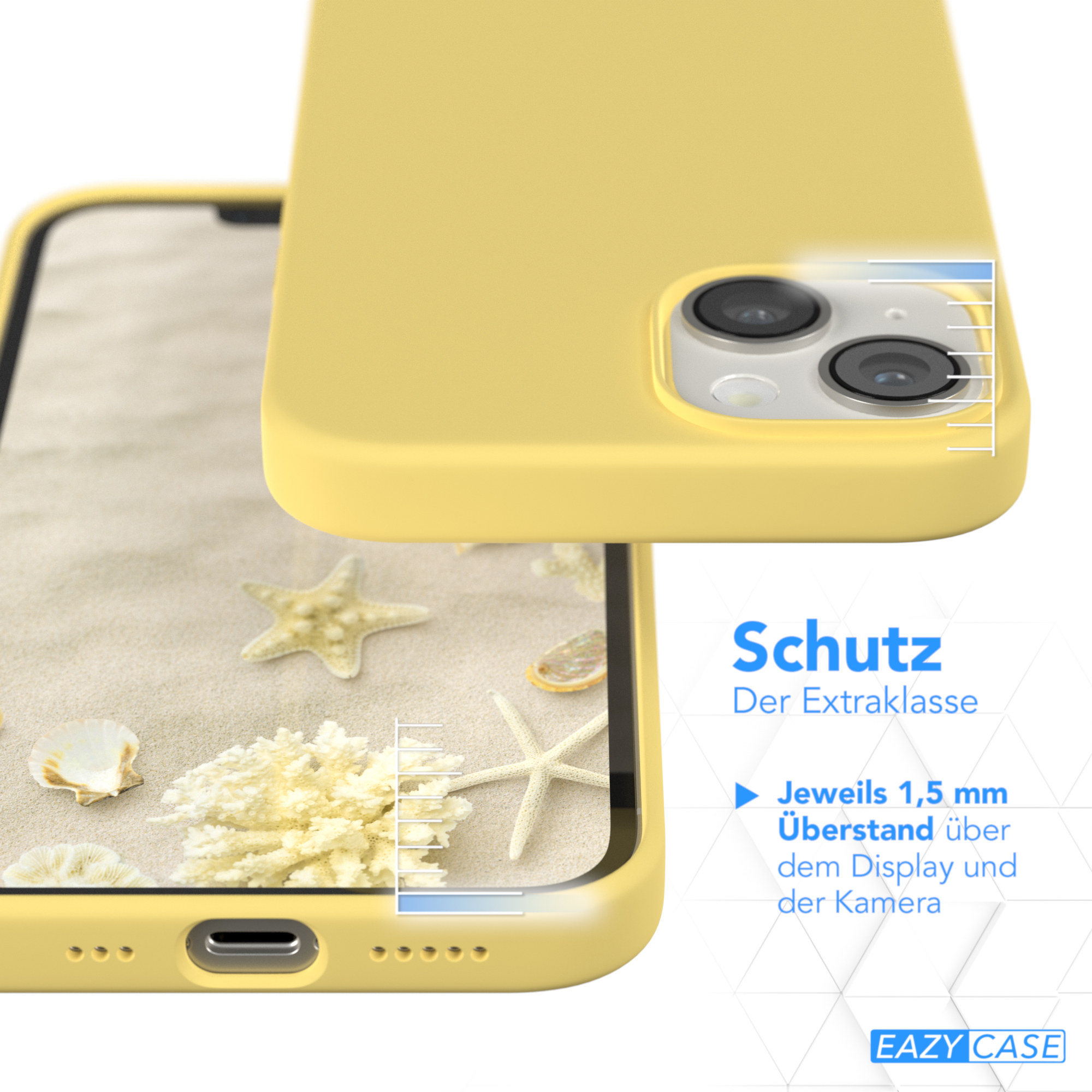 Gelbe Handyhülle auf einem Telefon. Text: Schutz. Details zum Bildschirmschutz. Hintergrund: Strand.