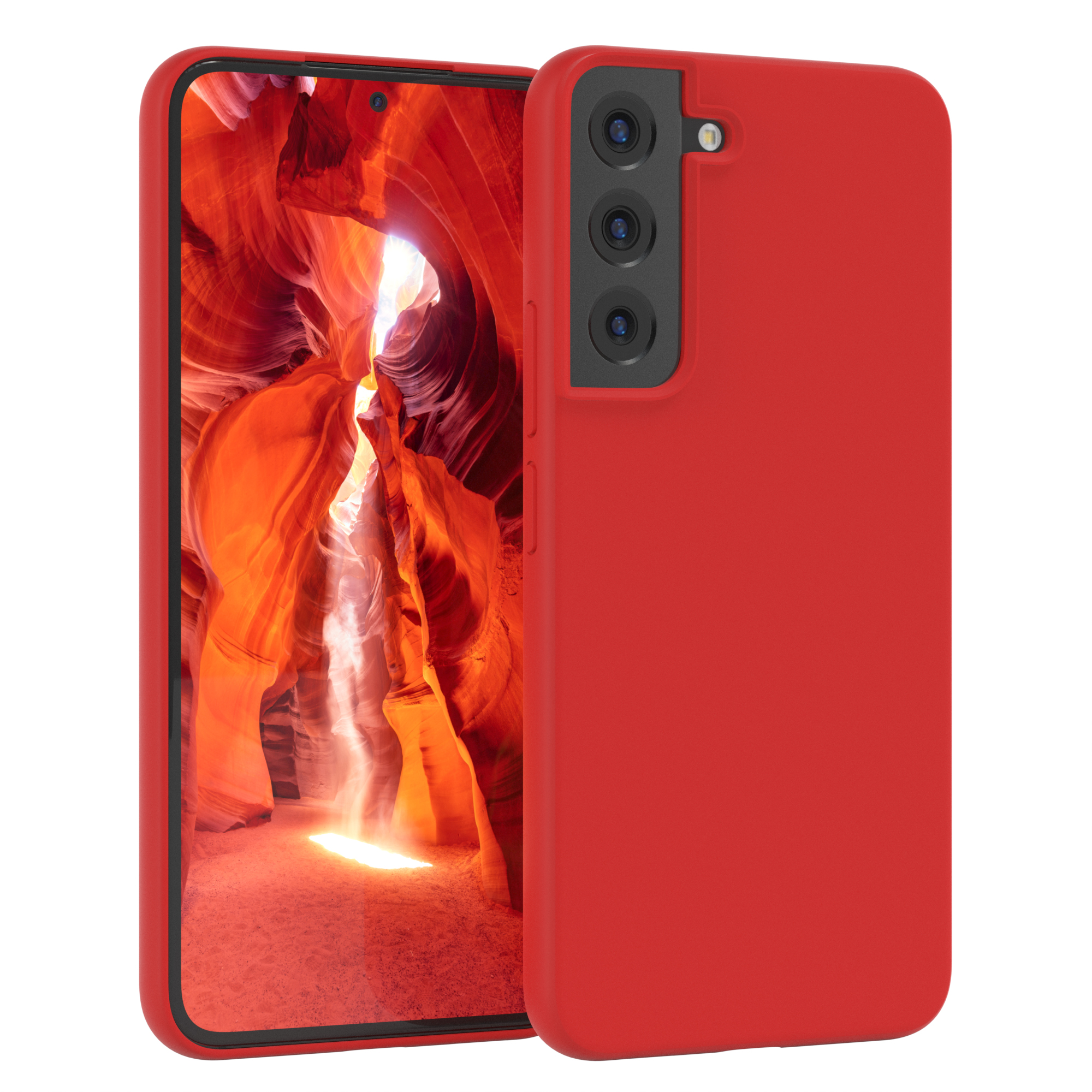 Rotes Telefon mit roter Hülle. Der Bildschirm zeigt einen Canyon. Drei Kameras sind sichtbar.