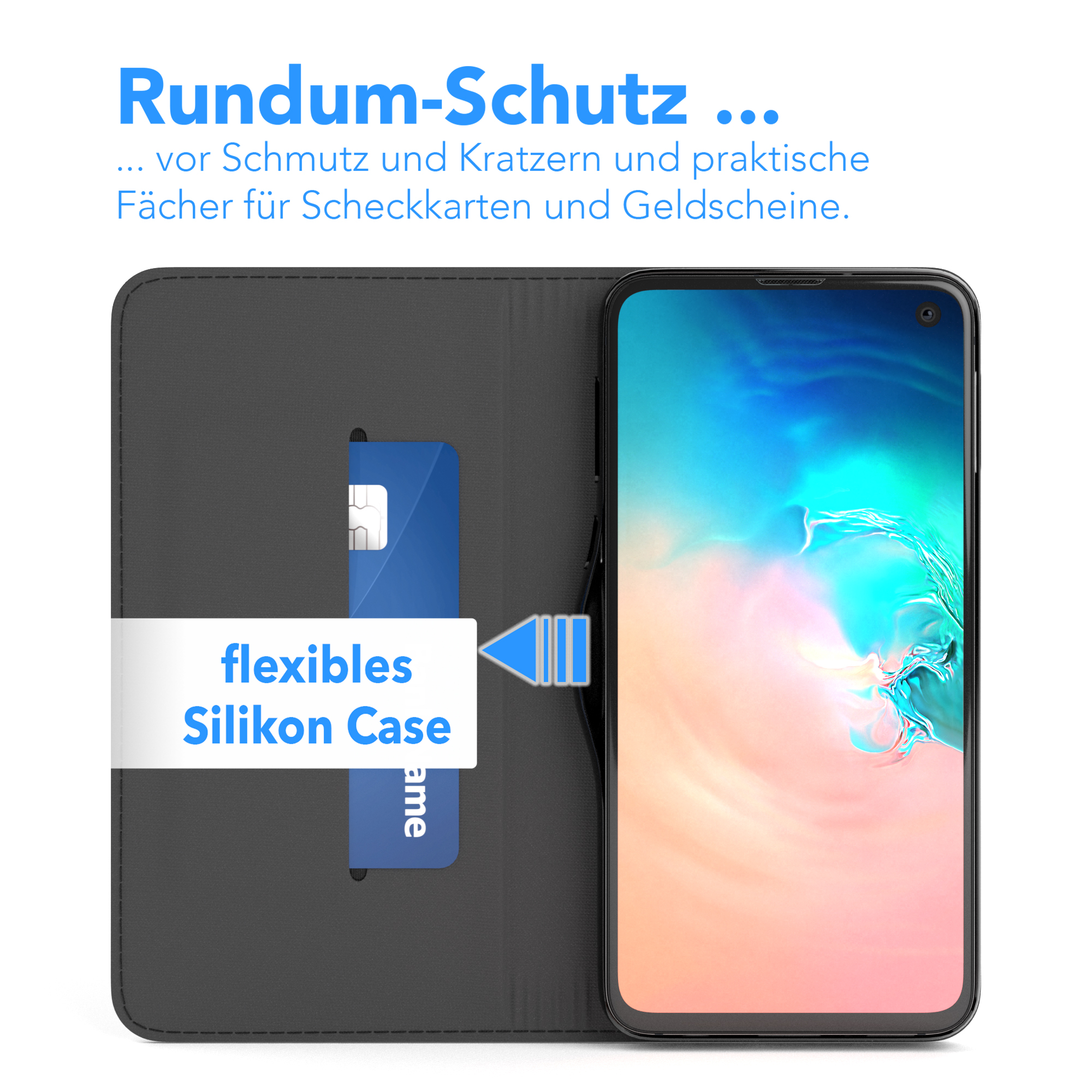 Geöffnete Handyhülle mit Telefon darin. Die Hülle ist offen, mit einem Telefon darin, das eine Karte zeigt.