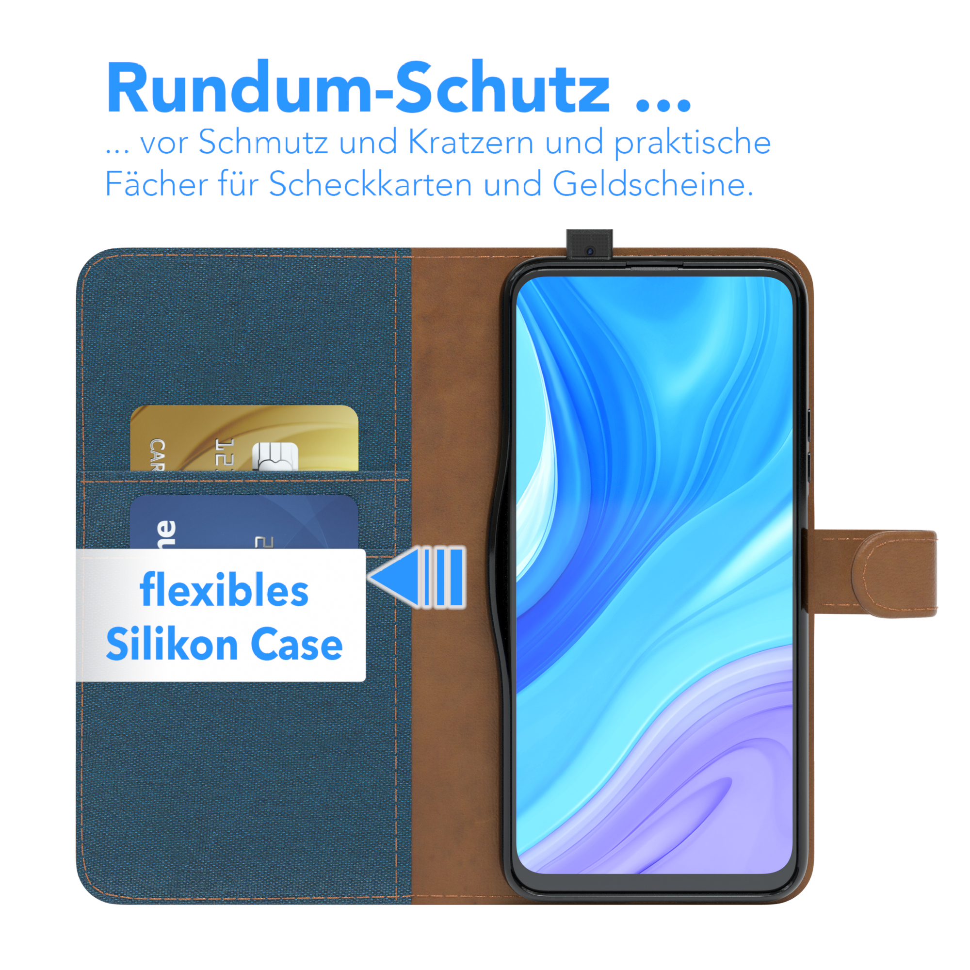 Eine Handyhülle mit Handy und Kreditkarten. Blau und braun. Das Telefon zeigt einen Bildschirm.