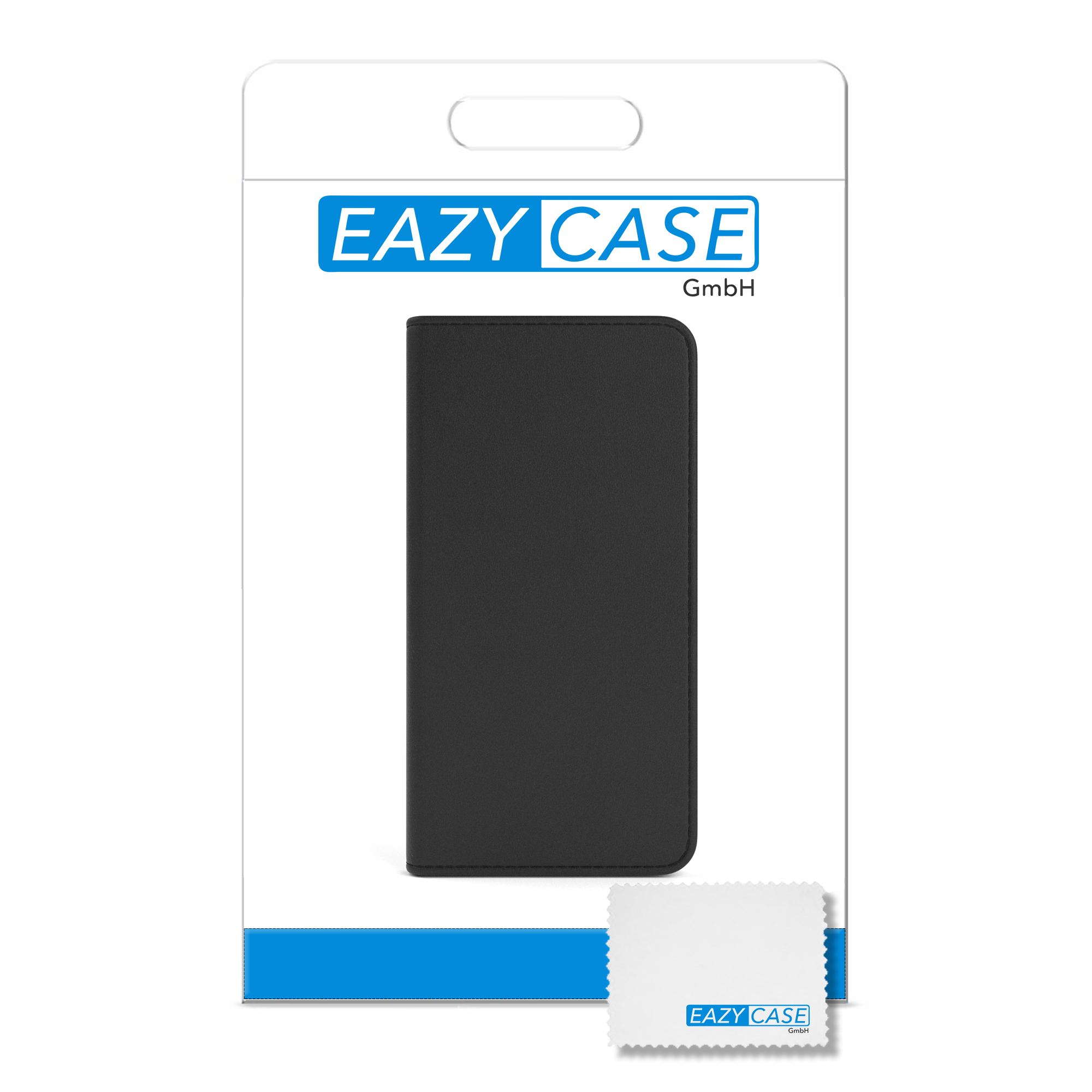 EAZY CASE Produktverpackung mit schwarzer Handyhülle und einem Reinigungstuch.