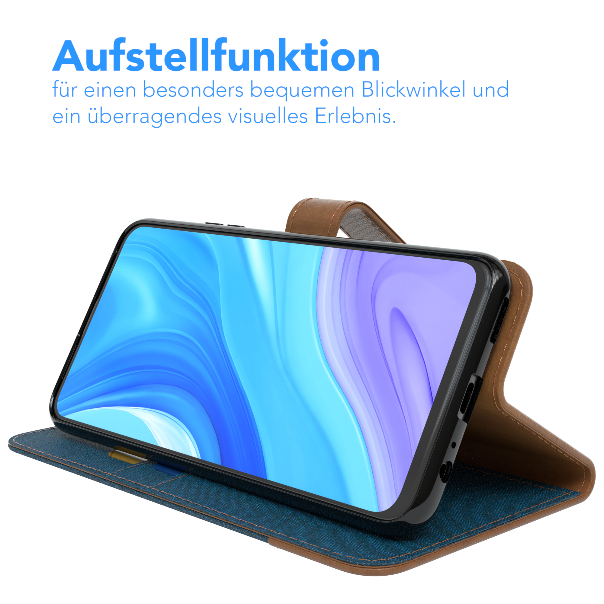 Telefon in einer Hülle, geöffnet, zeigt den Bildschirm. Braune und blaue Hülle.
