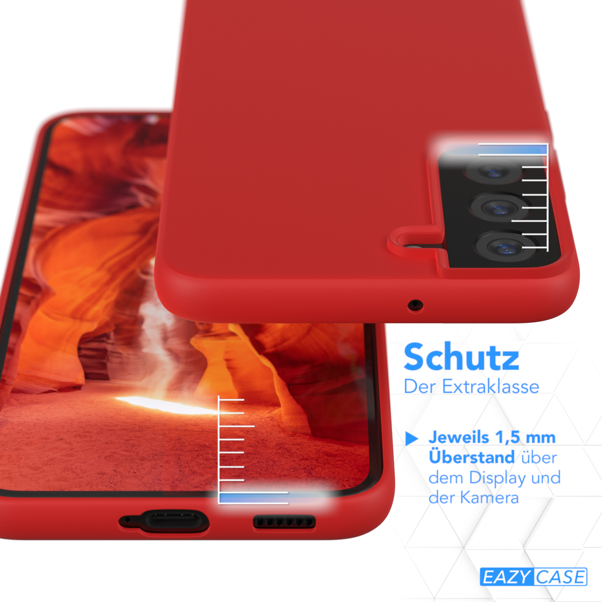 Eine rote Handyhülle. Text hebt zusätzliche Schutzfunktionen mit Messungen hervor.