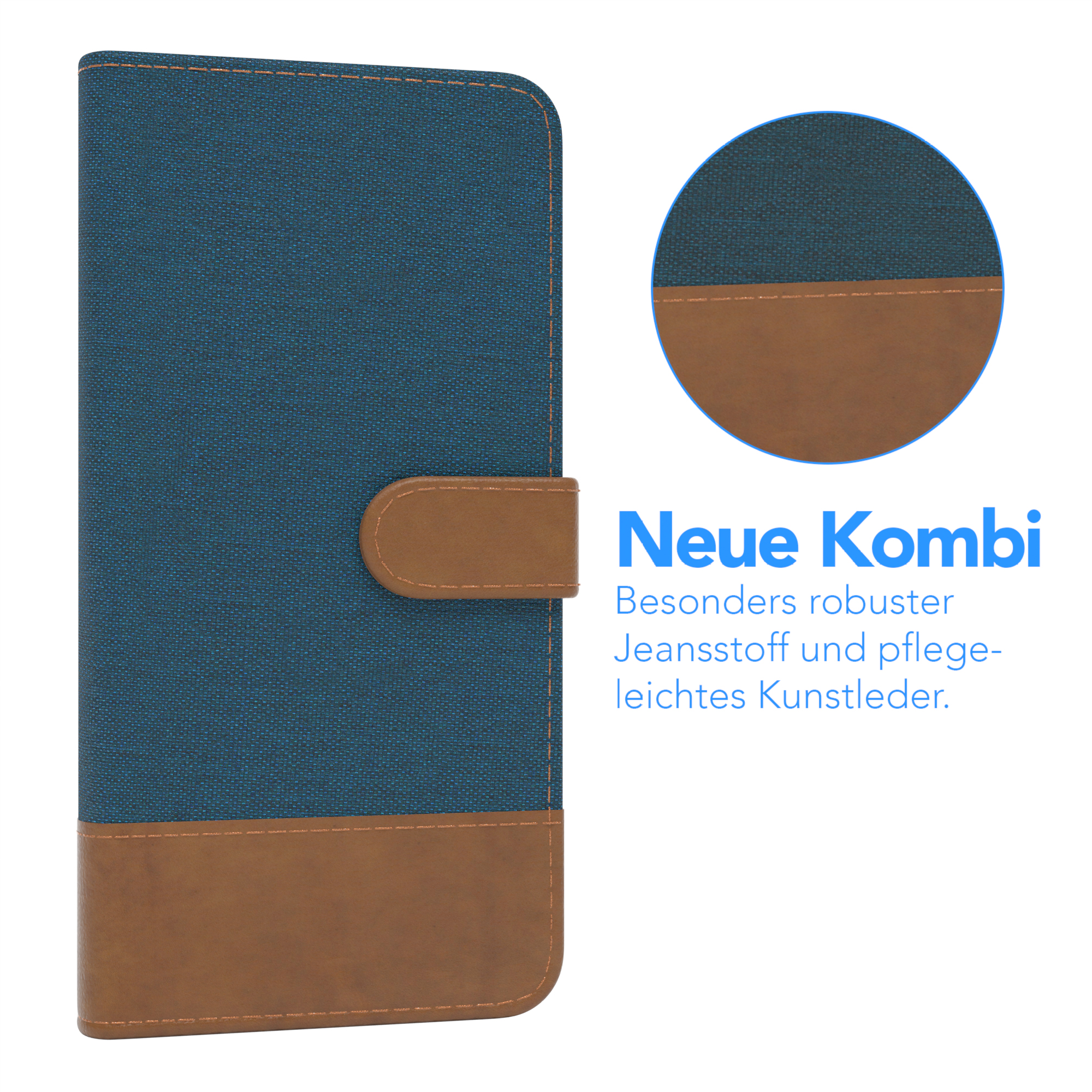Blau-braune Handyhülle, geschlossen. Jeansstoff und lederähnliches Material. Text auf Deutsch.
