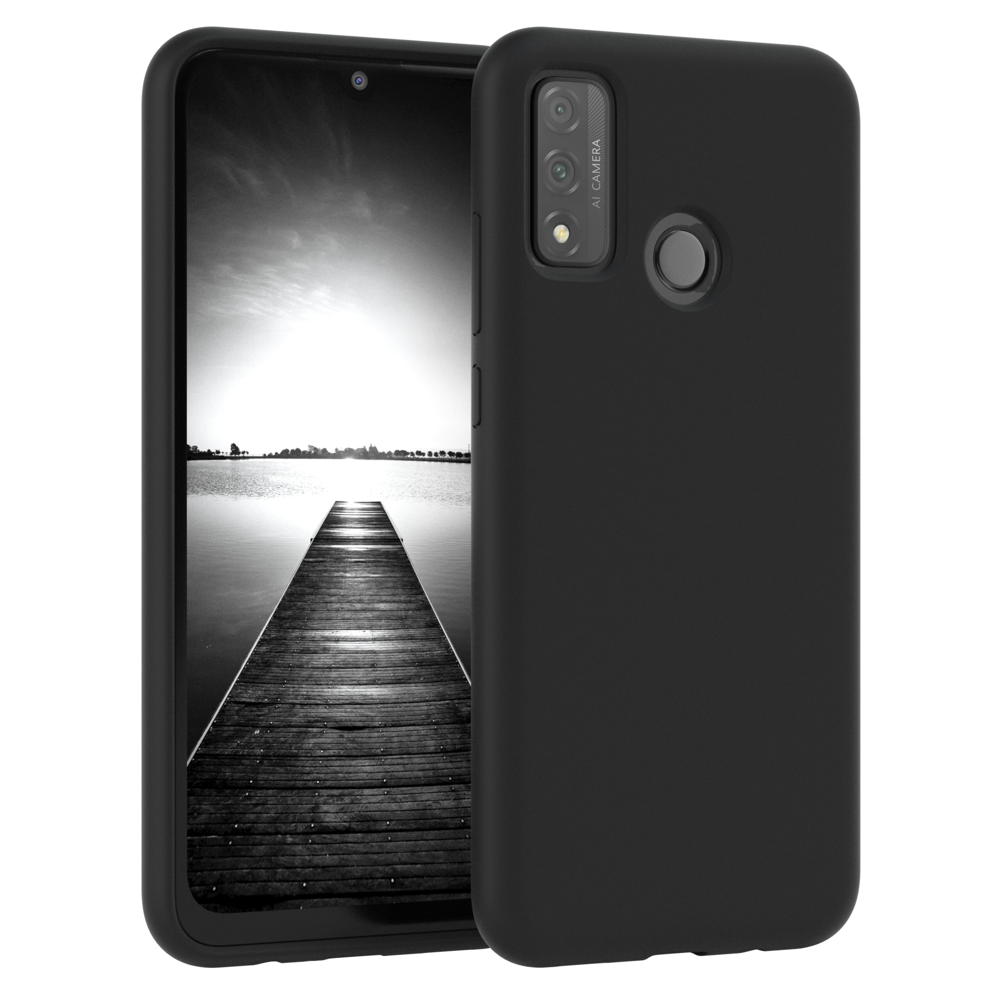 Schwarzes Telefon in schwarzem Gehäuse. Der Bildschirm zeigt eine Graustufen-Dock-Szene.