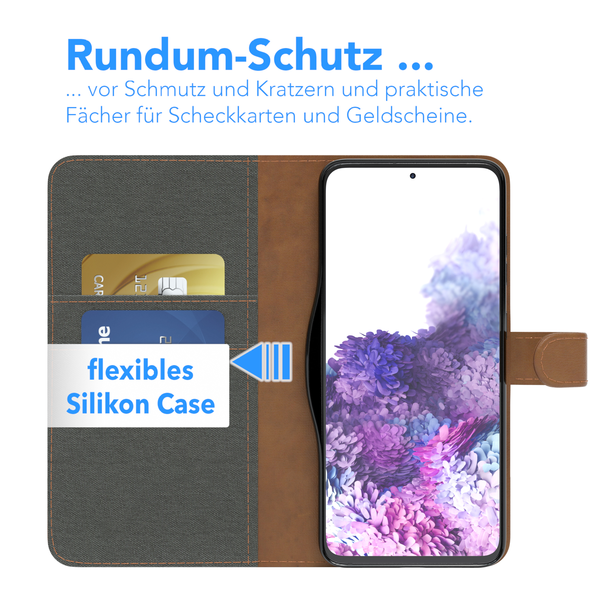Telefonhülle, offen, mit Karten in Schlitzen und einem Telefon. Text: flexible Silikonhülle und Rundum-Schutz.
