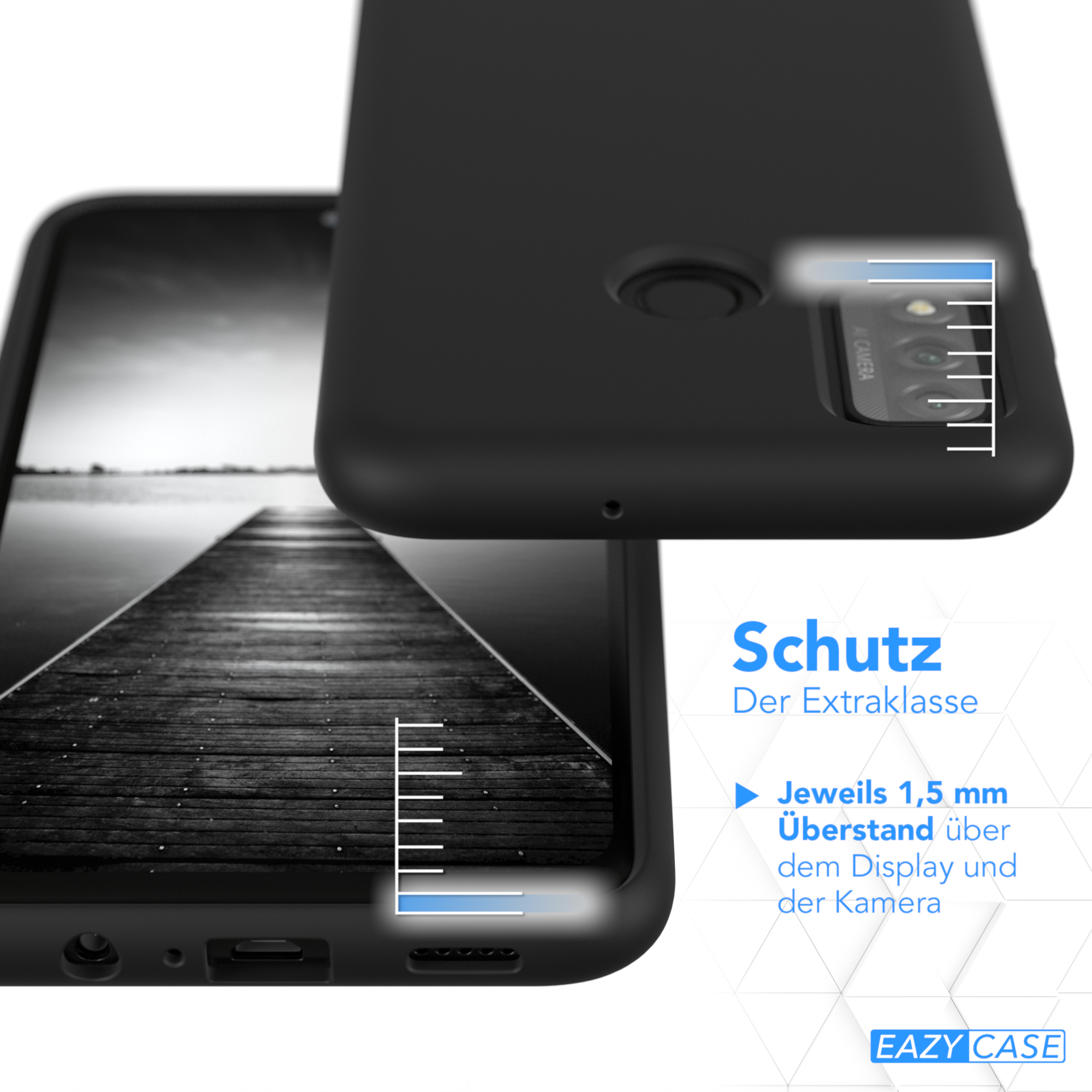 Nahaufnahme einer Handyhülle auf einem Telefon. Zeigt den Schutz der Kamera und des Displays.