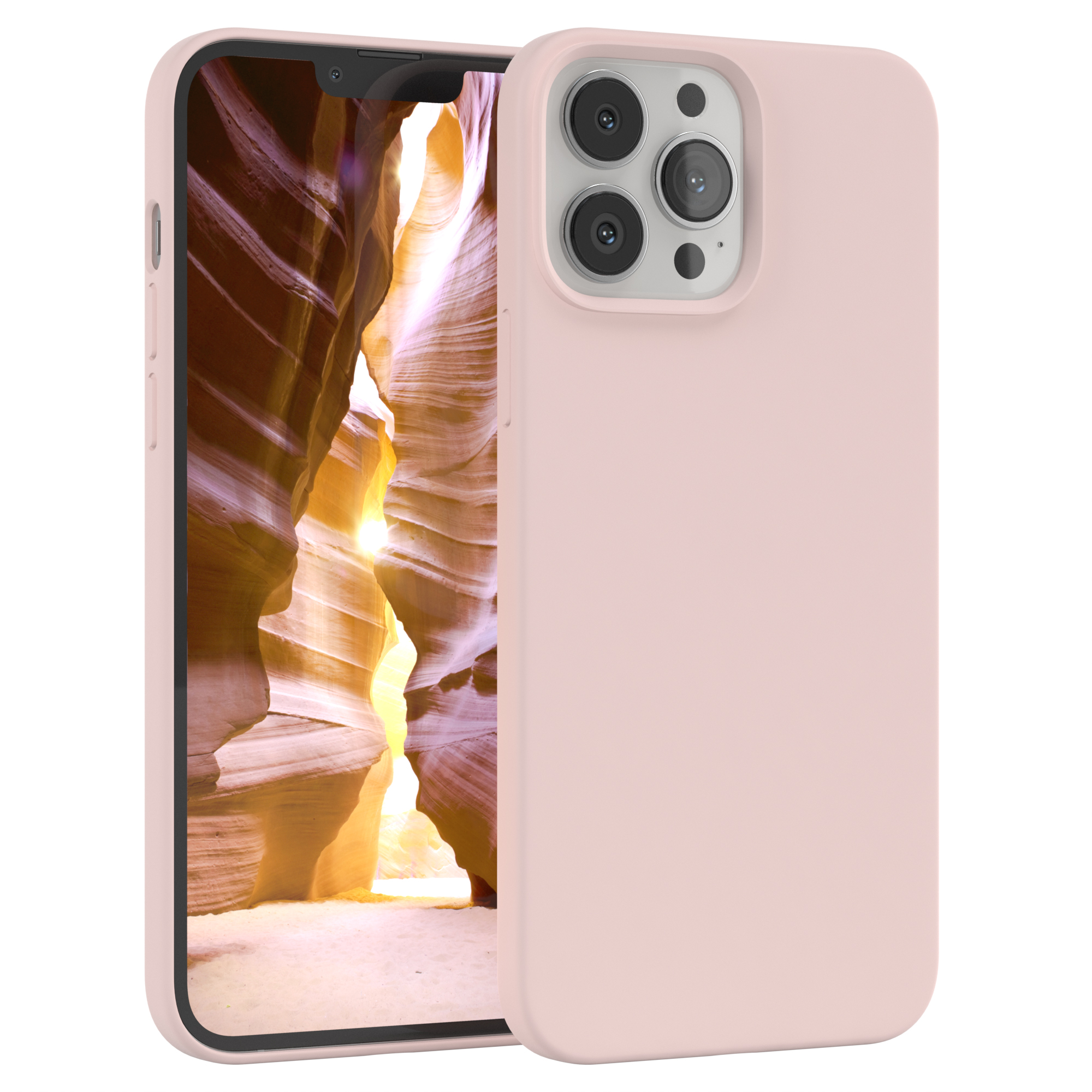 Rosafarbene Handyhülle auf einem Telefon, vor einem Canyon-Hintergrund.