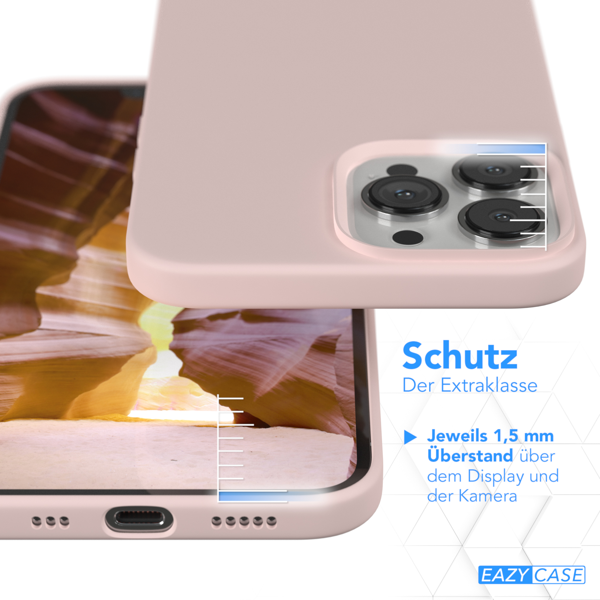 Rosa Handyhülle auf einem Handy. Zeigt Kamera- und Displayrand Schutz.