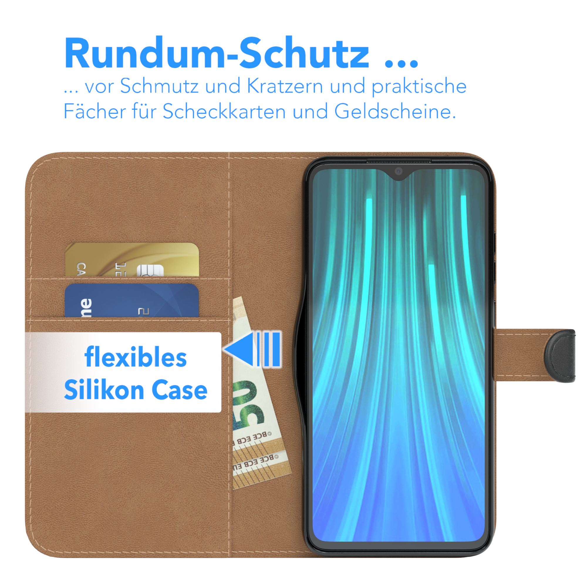 Handyhülle mit offenen Taschen für Karten und Bargeld, ein Telefon darin. Braune und schwarze Hülle.