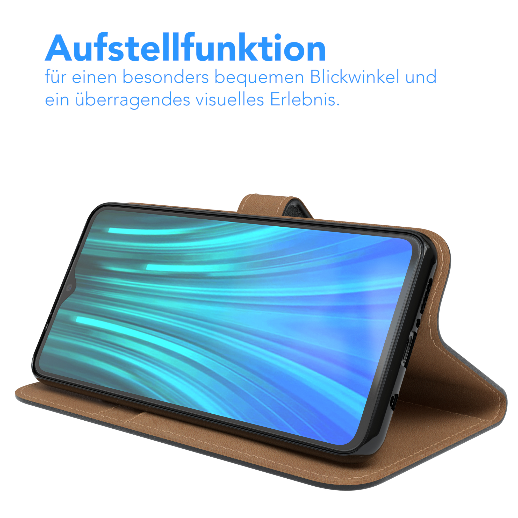 Telefon in brauner Hülle, aufgestellt. Bildschirm zeigt blau-grünes Muster. Text: Aufstellfunktion.