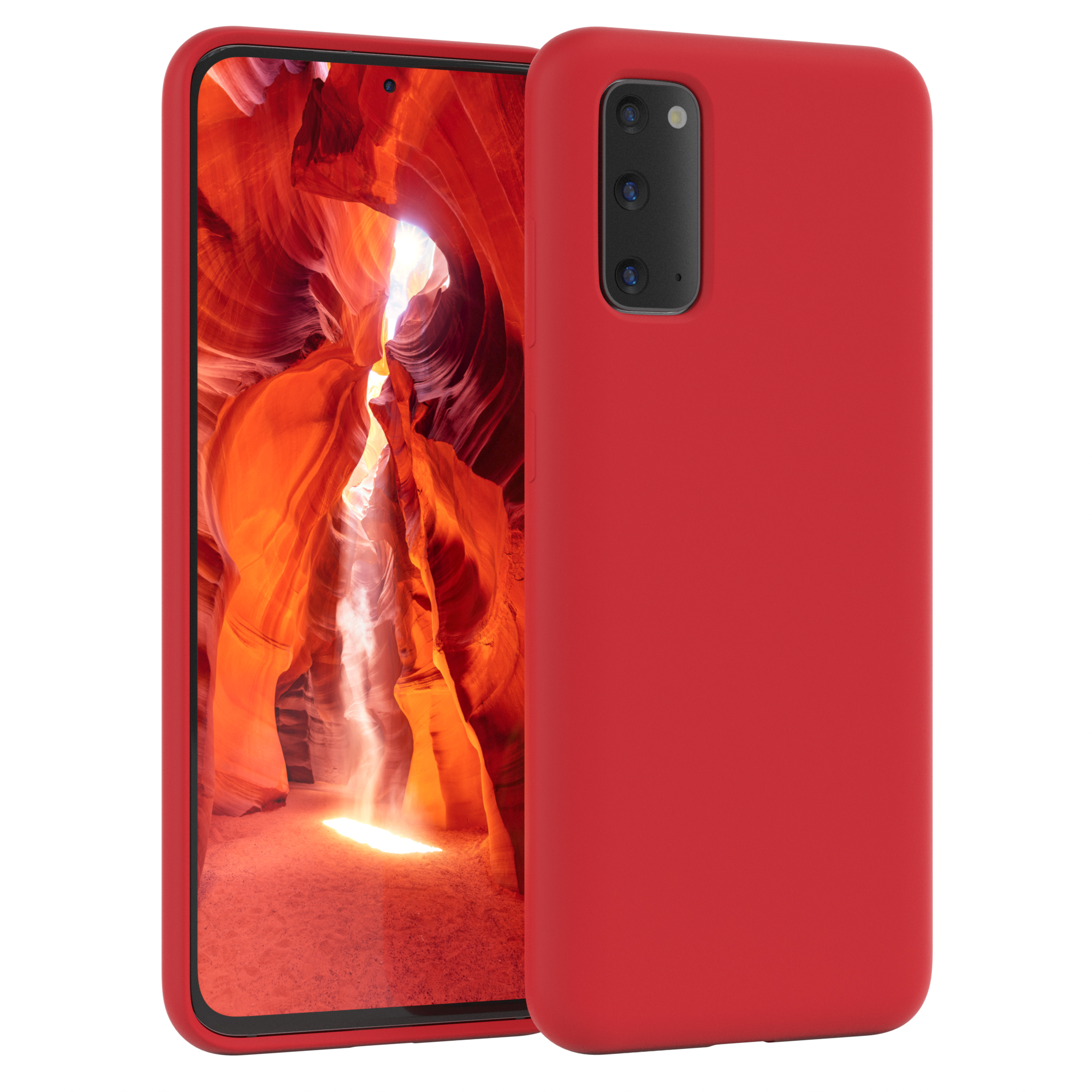 Zwei Telefone, beide mit roten Hüllen. Der Hintergrund zeigt eine Canyon-Ansicht.