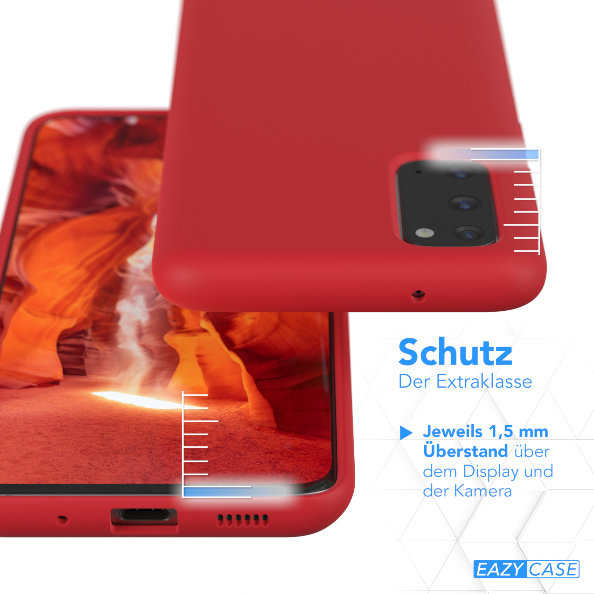 Telefon mit rotem Gehäuse und Schutzabdeckung. Text: Schutz.