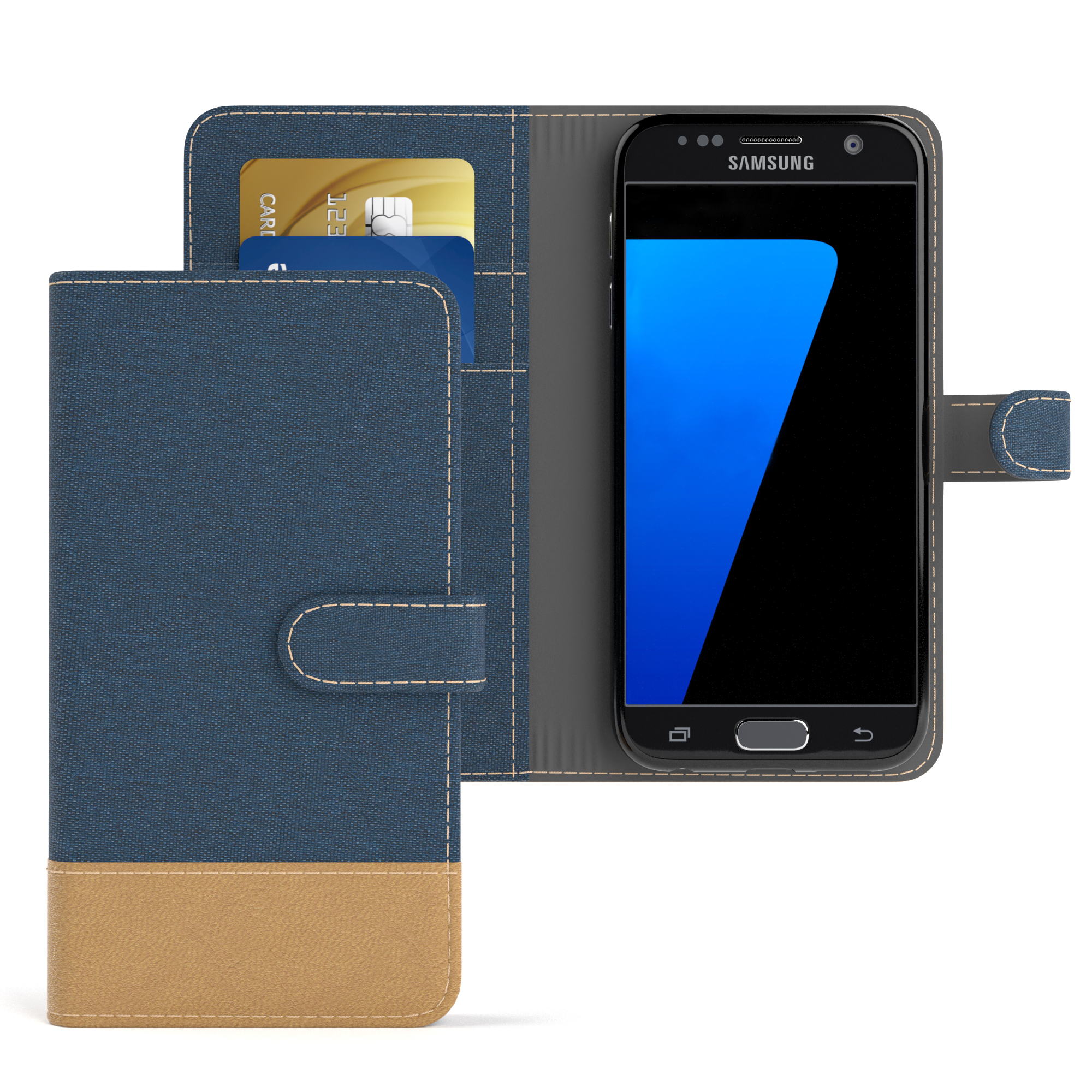 Blau-beige Handyhülle, offen. Telefon innen mit blauem und schwarzem Bildschirm. Karten in Schlitzen.