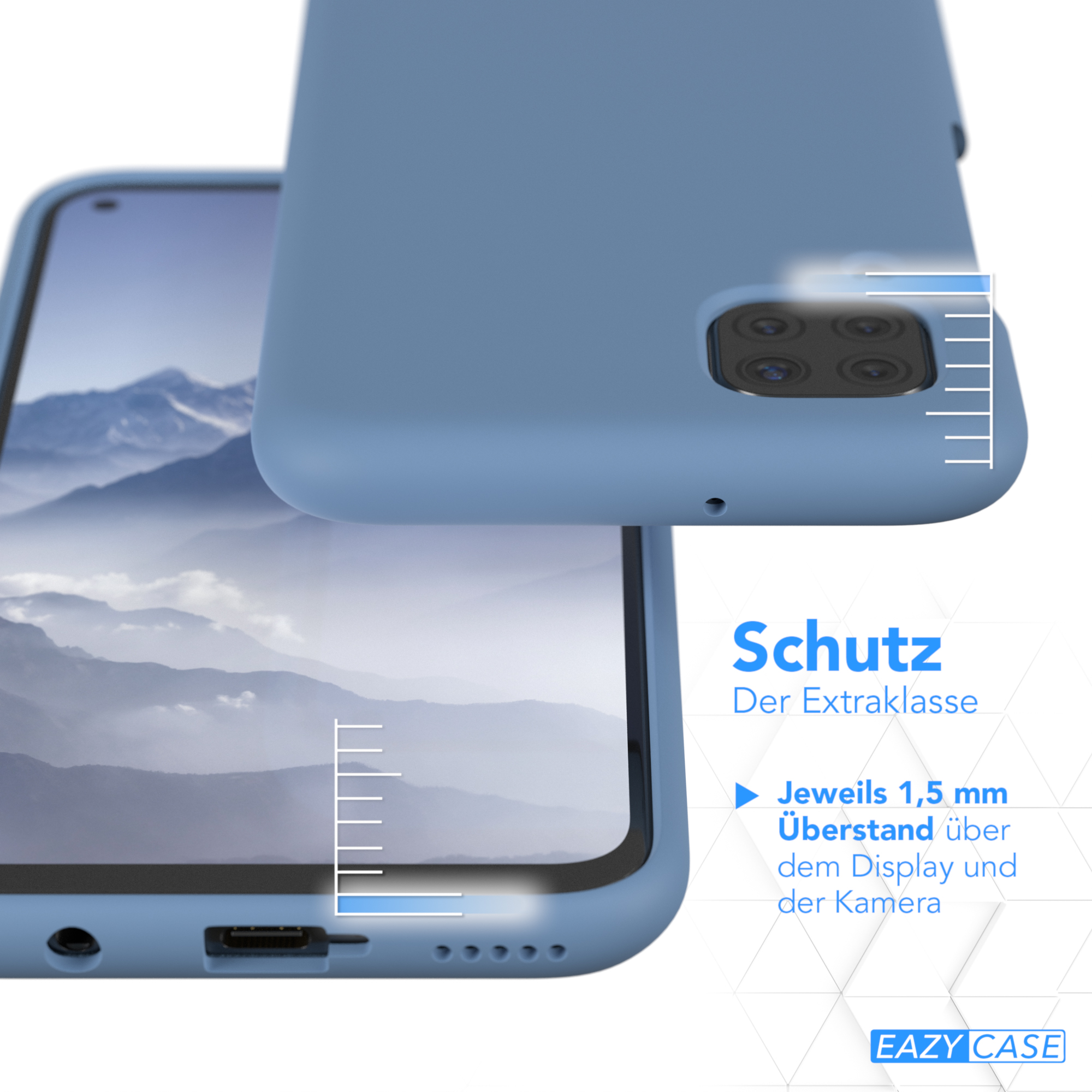Blaue Handyhülle, mit Telefon, das Bildschirm und Kamera zeigt.