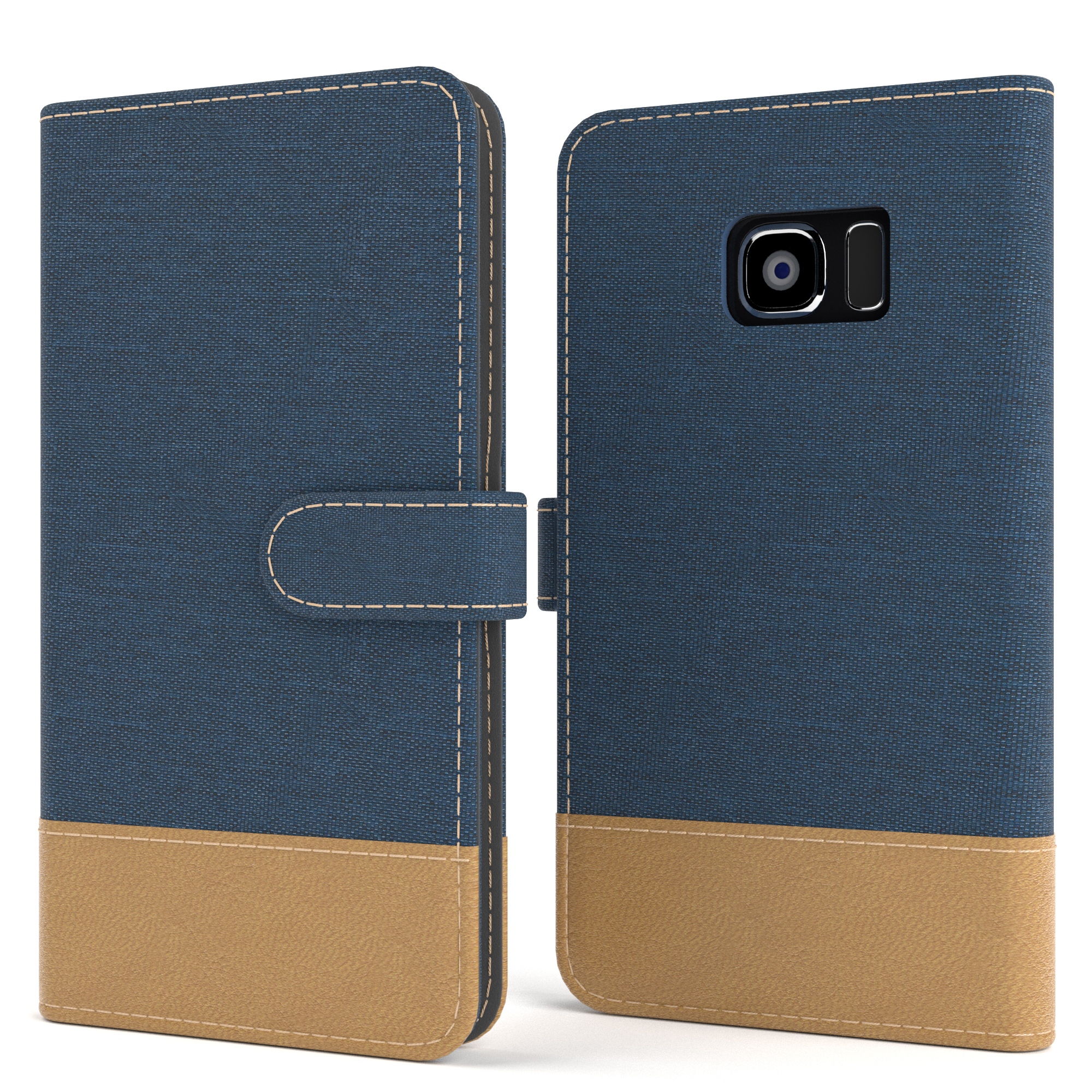 Blau-beige Handyhülle mit offenem Verschluss, weißer Hintergrund.