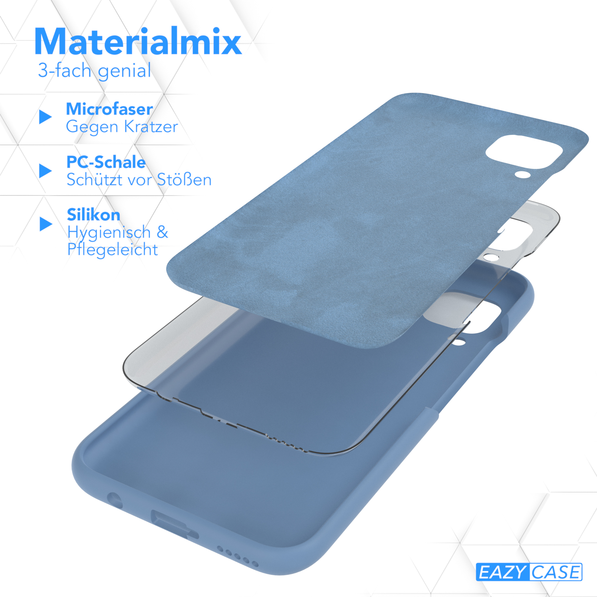 Hüllenschichten: Mikrofaser, PC-Schale und Silikon. Blaue Farbe. 3-Schicht-Design.