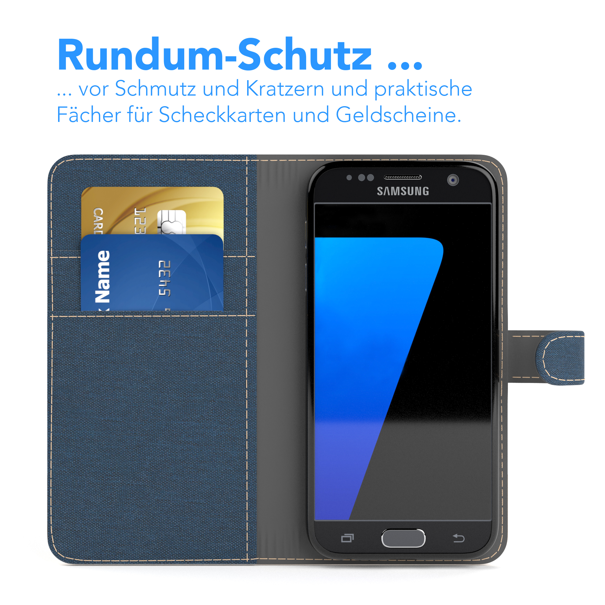Blaue Handyhülle mit Karten und einem Telefon.