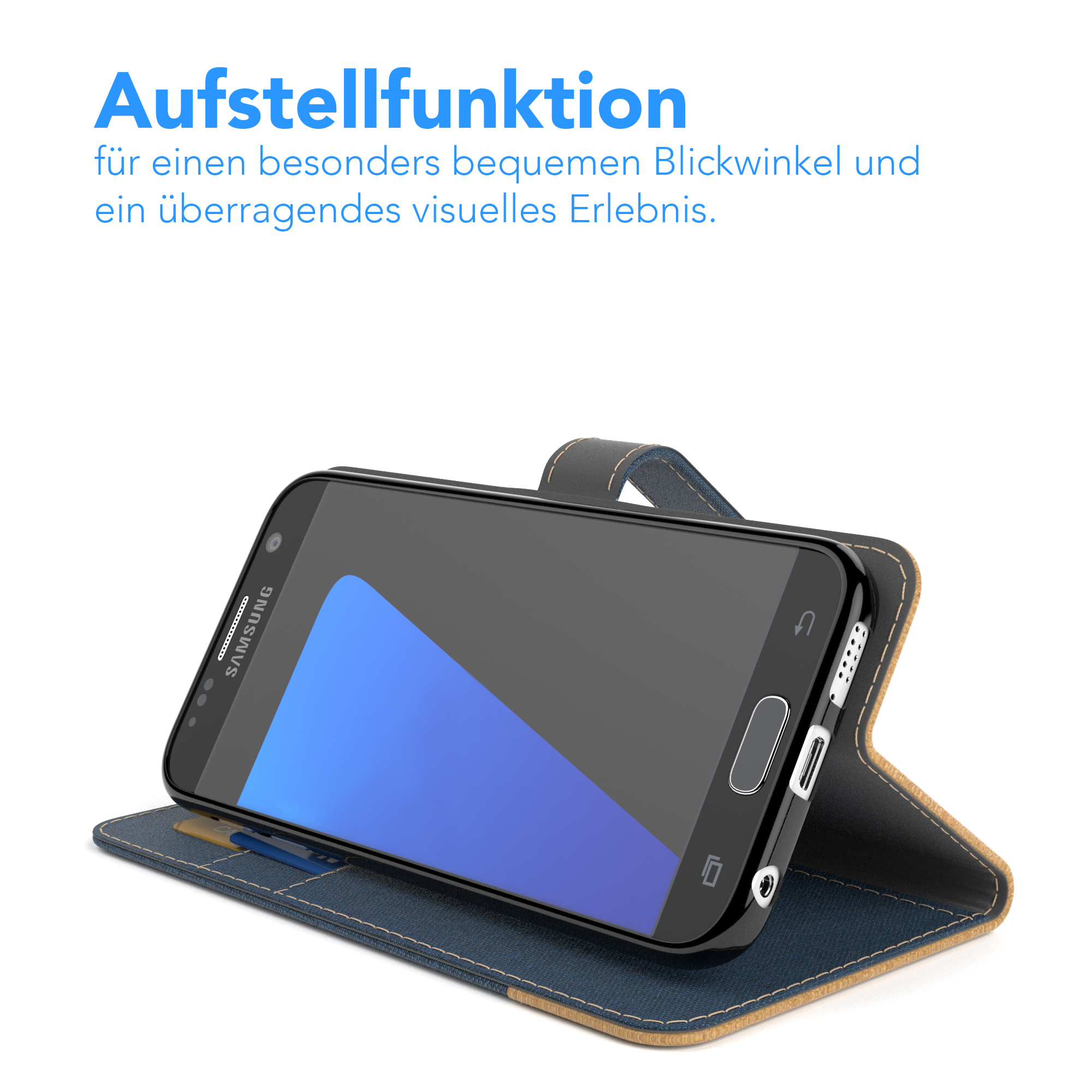 Telefon in einer Hülle, abgewinkelt zur Ansicht. Die Hülle ist offen, mit einer Karte darin.