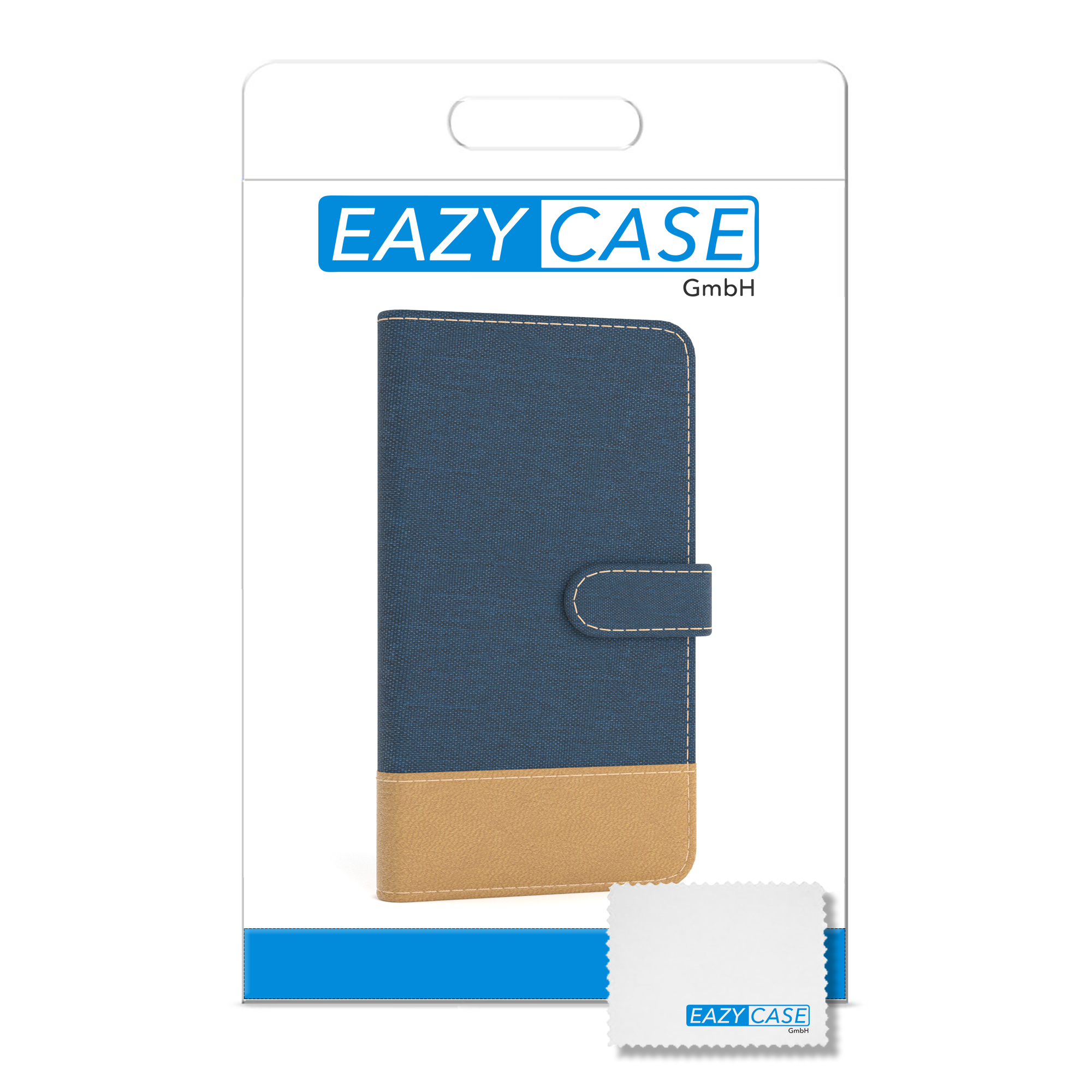 Eine verpackte Handyhülle mit einem Reinigungstuch. Die Hülle ist blau und beige.