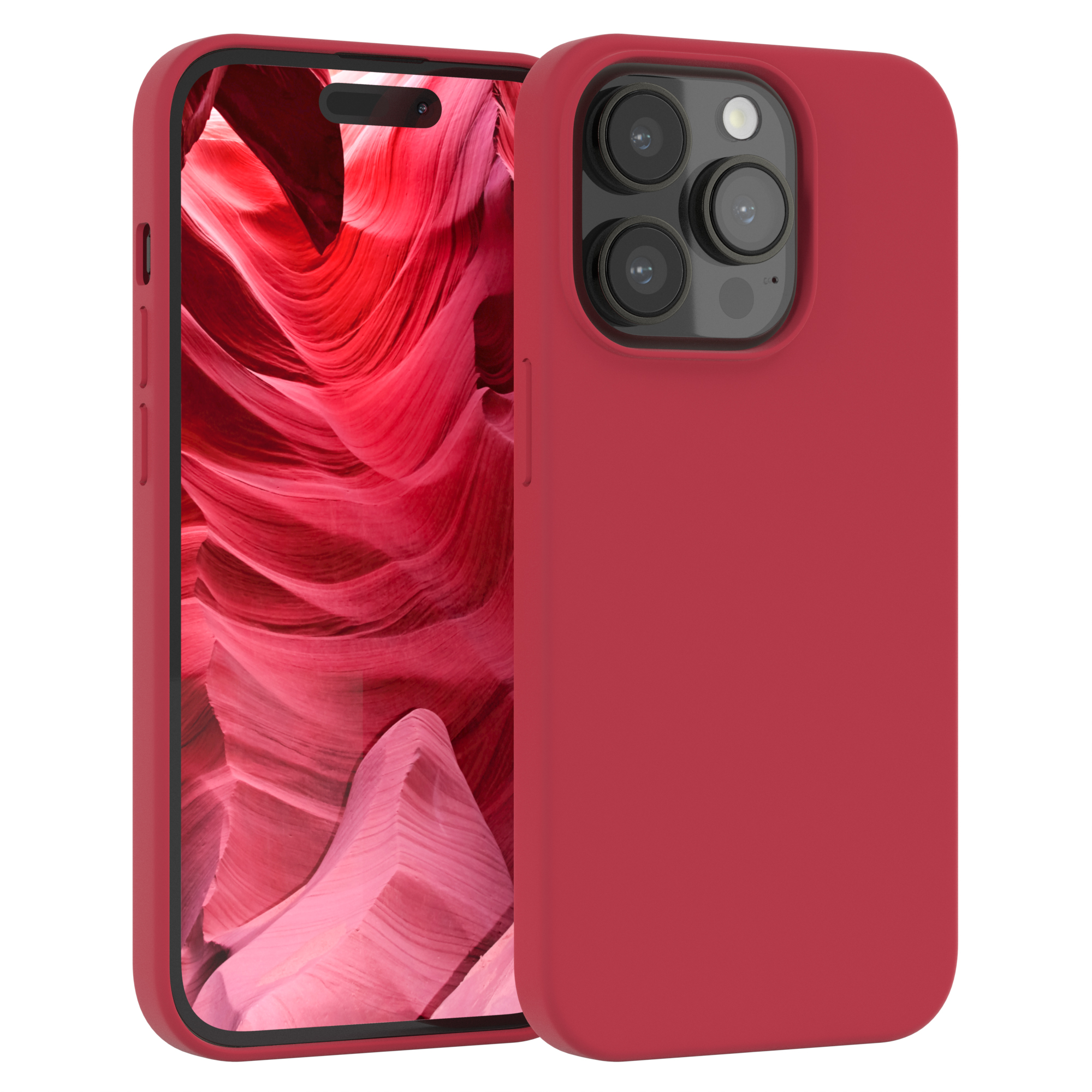 Rote Handyhülle mit einem Telefon, das einen roten, strukturierten Hintergrund anzeigt.
