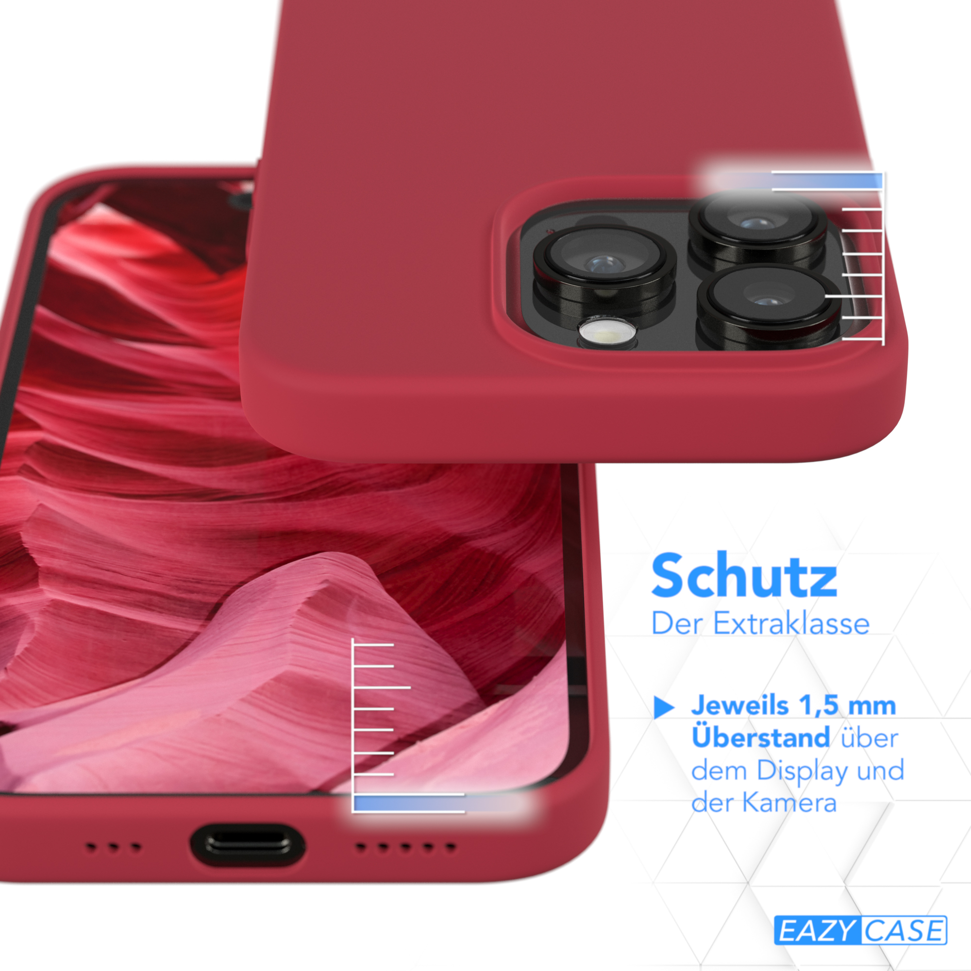 Eine Handyhülle mit roter Hülle. Die Hülle hat einen goldenen Verschluss. Das Telefon ist rot. Nahaufnahme der Hülle.