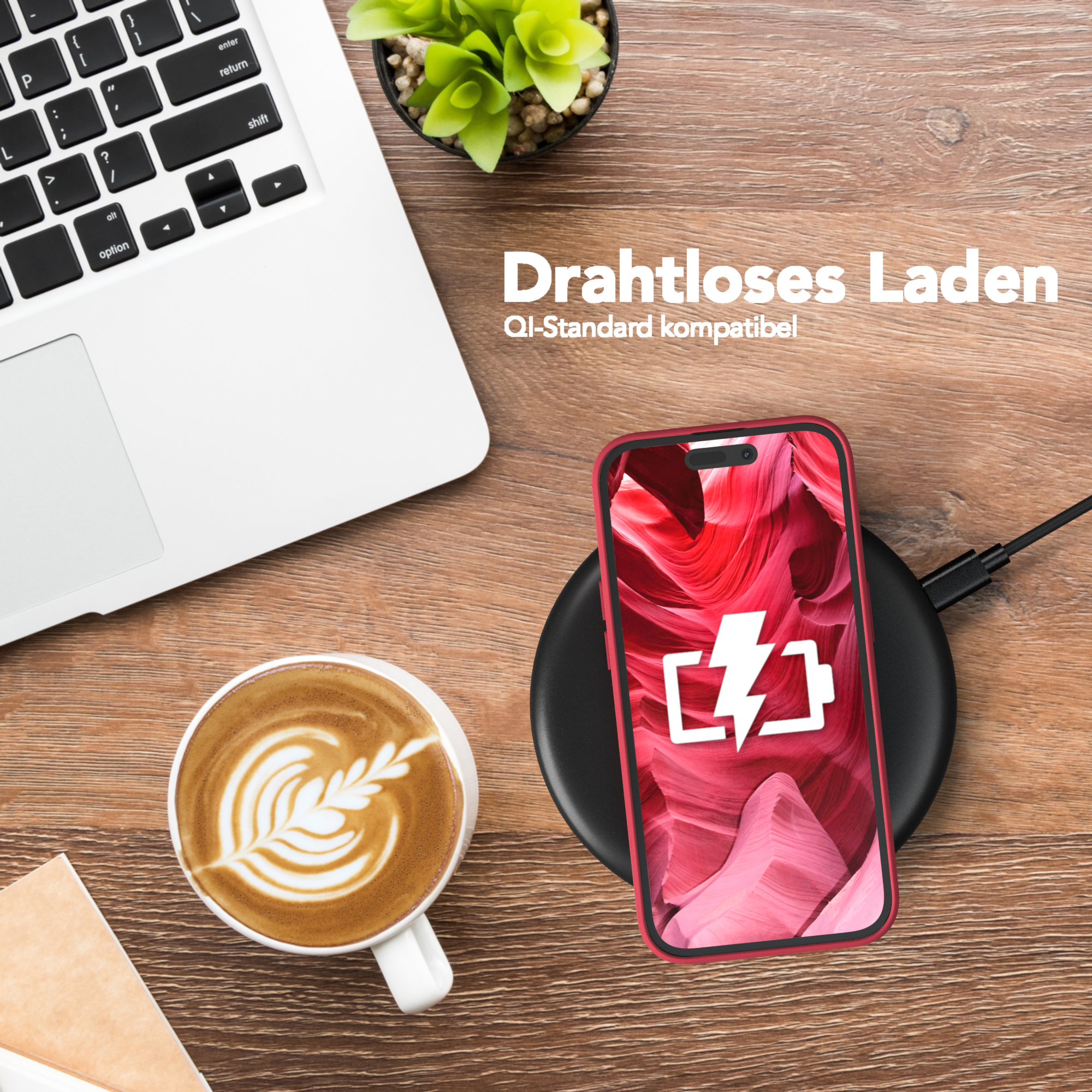 Telefon auf kabellosem Ladegerät auf einem Holztisch. Text: Drahtloses Laden, Qi-Standard kompatibel.
