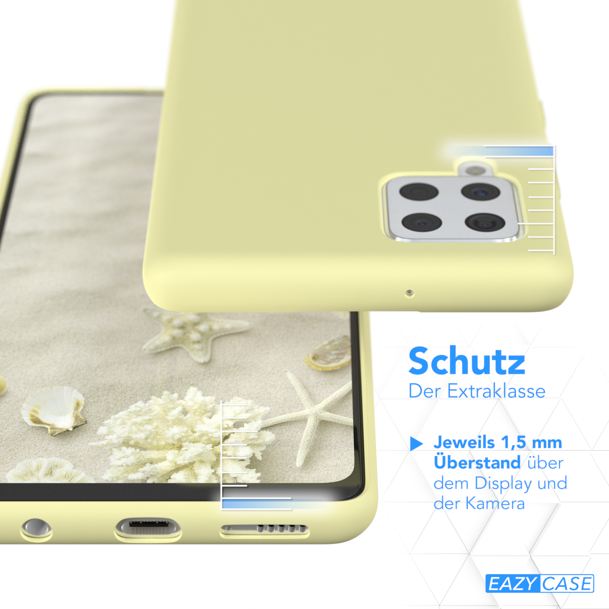 Gelbe Handyhülle mit einem Handy, das eine Strandszene zeigt. Text weist auf zusätzlichen Schutz hin.