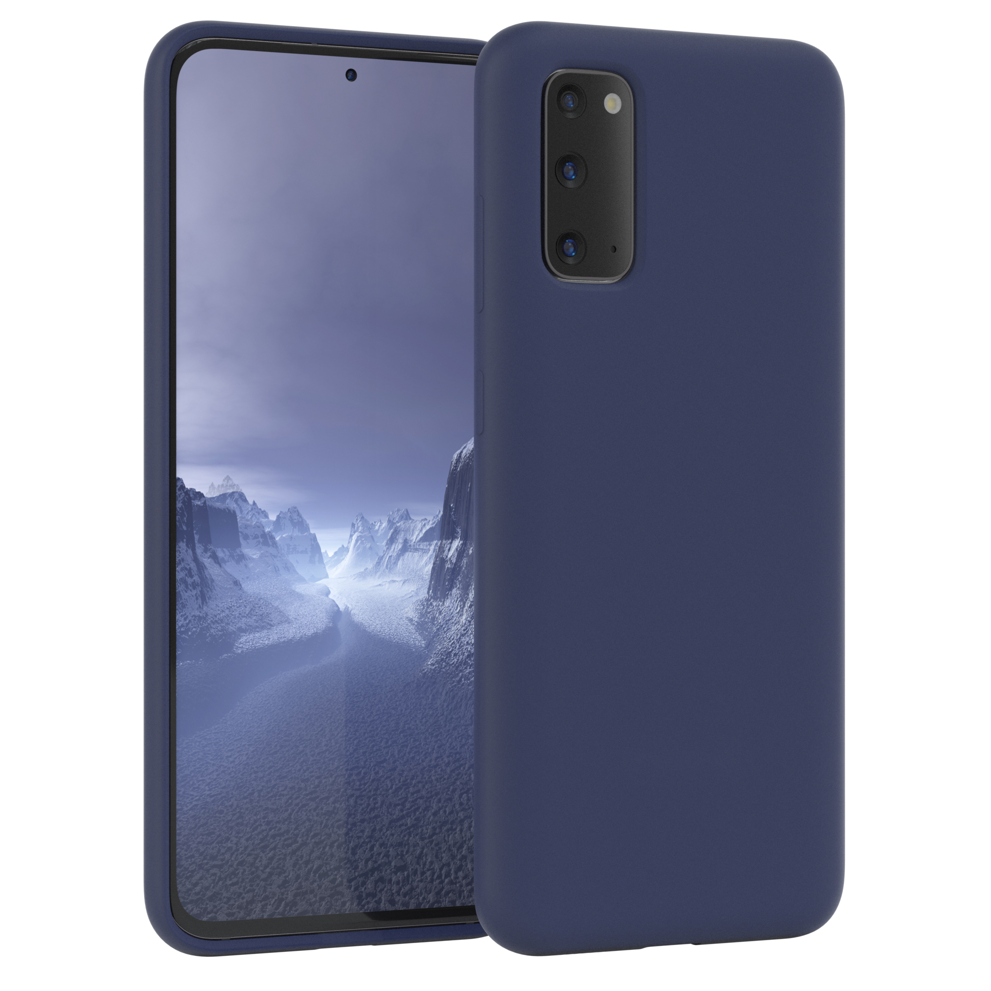 Marineblaue Handyhülle mit Telefon. Telefon zeigt Kameralinsen.