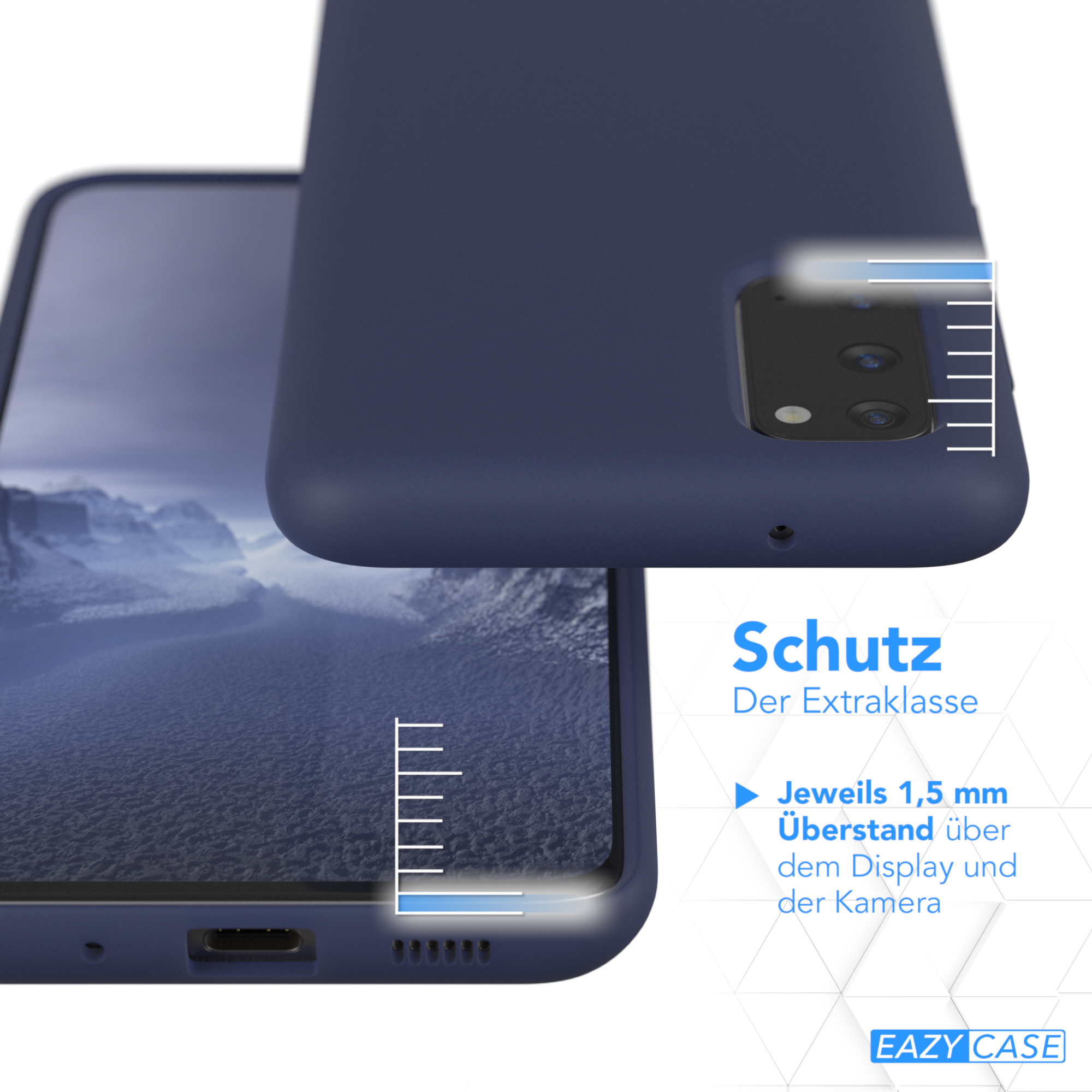 Marineblaue Handyhülle über einem Telefon. Text auf der rechten Seite. Das Telefon befindet sich unten.