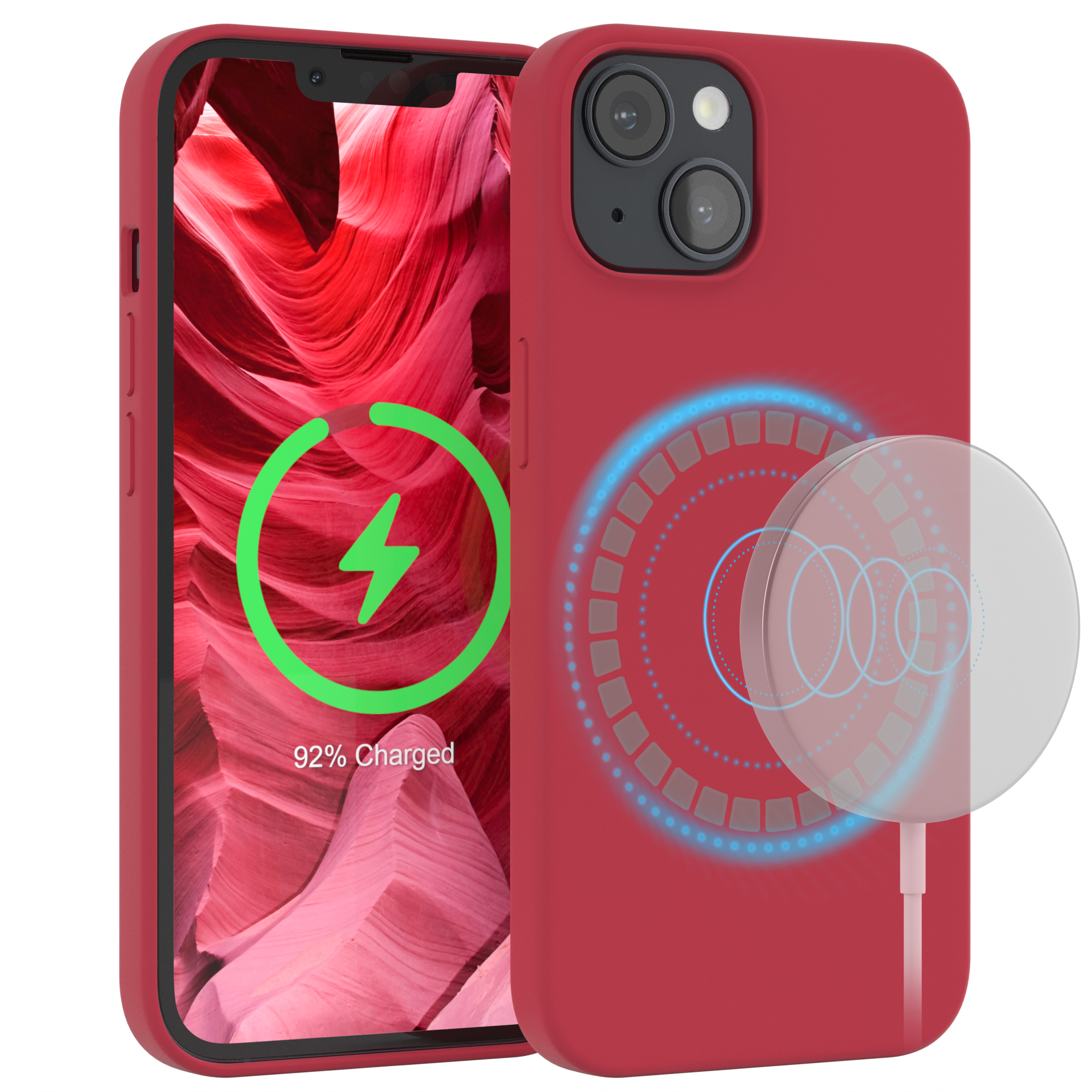 Rotes Telefon in einer Hülle, Laden auf dem Bildschirm mit MagSafe.