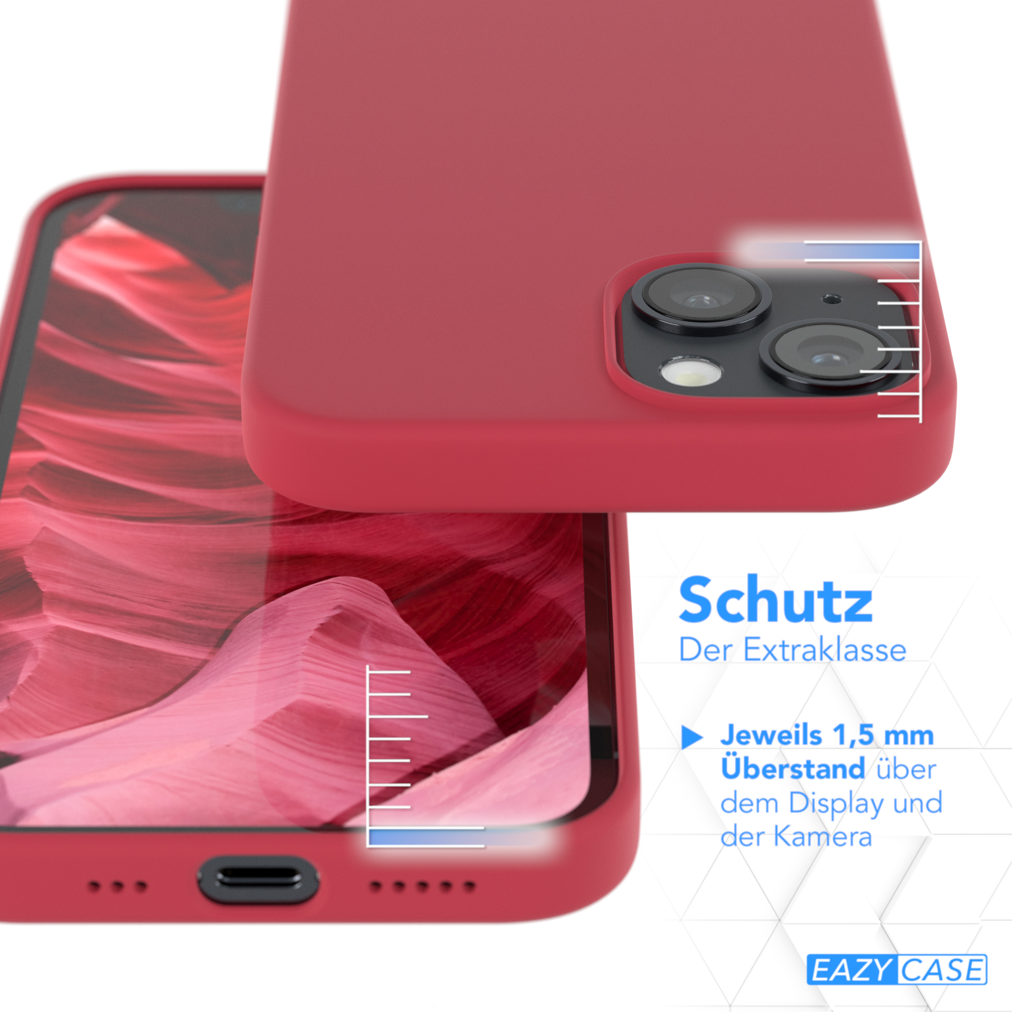 Rote Handyhülle. Hülle wird gezeigt. Produkttext.