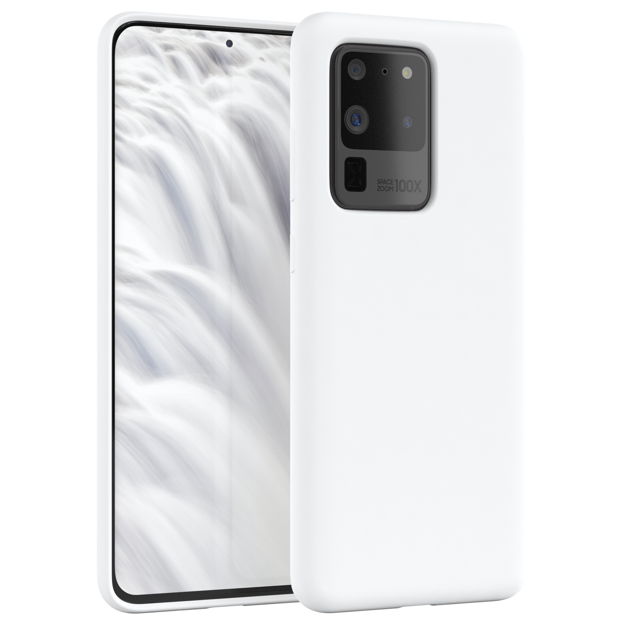 Weiße Handyhülle mit einem Telefon, das weißes Wasser zeigt.