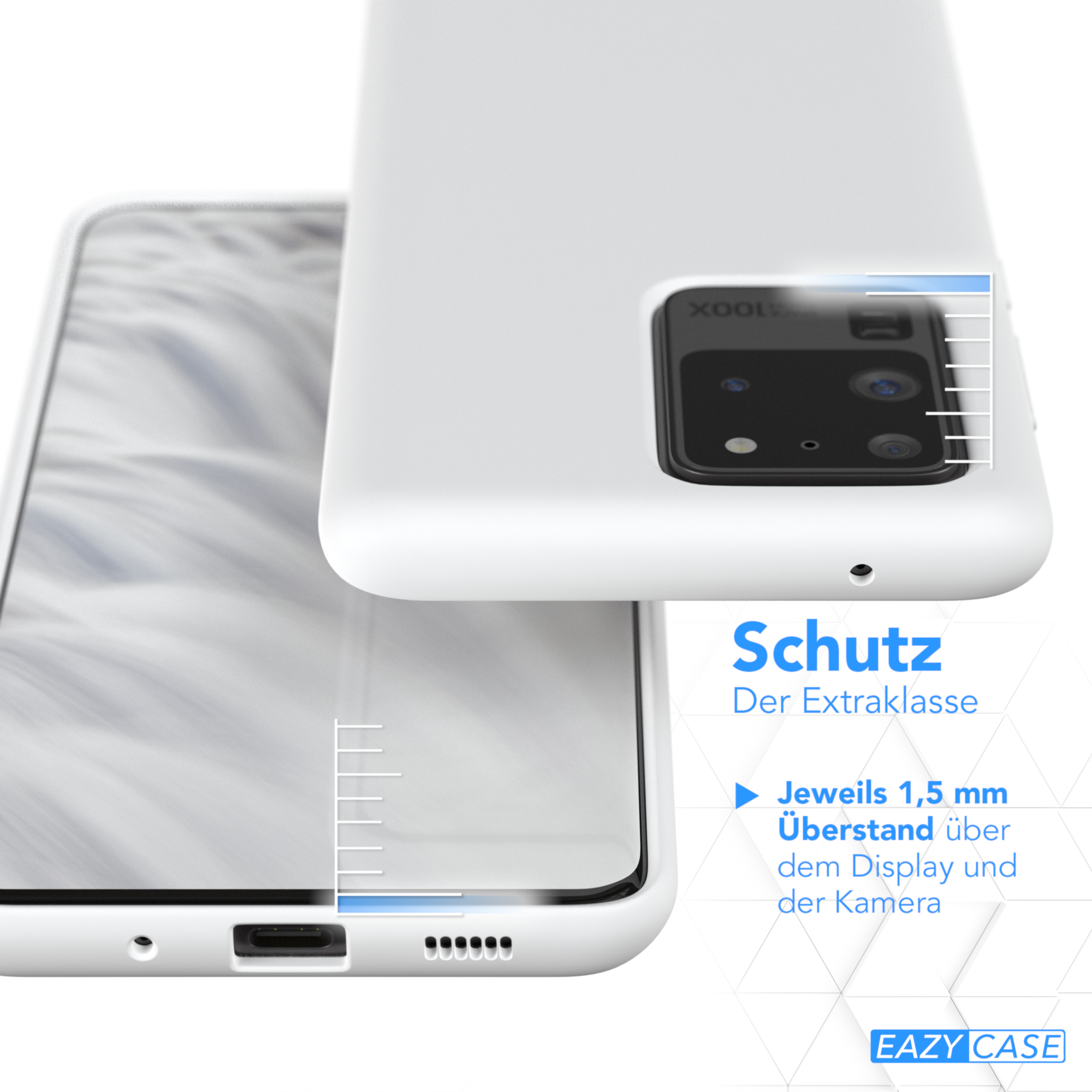 Weiße Handyhülle und Telefon. Hülle und Telefon sind nah beieinander. Weißer Hintergrund.
