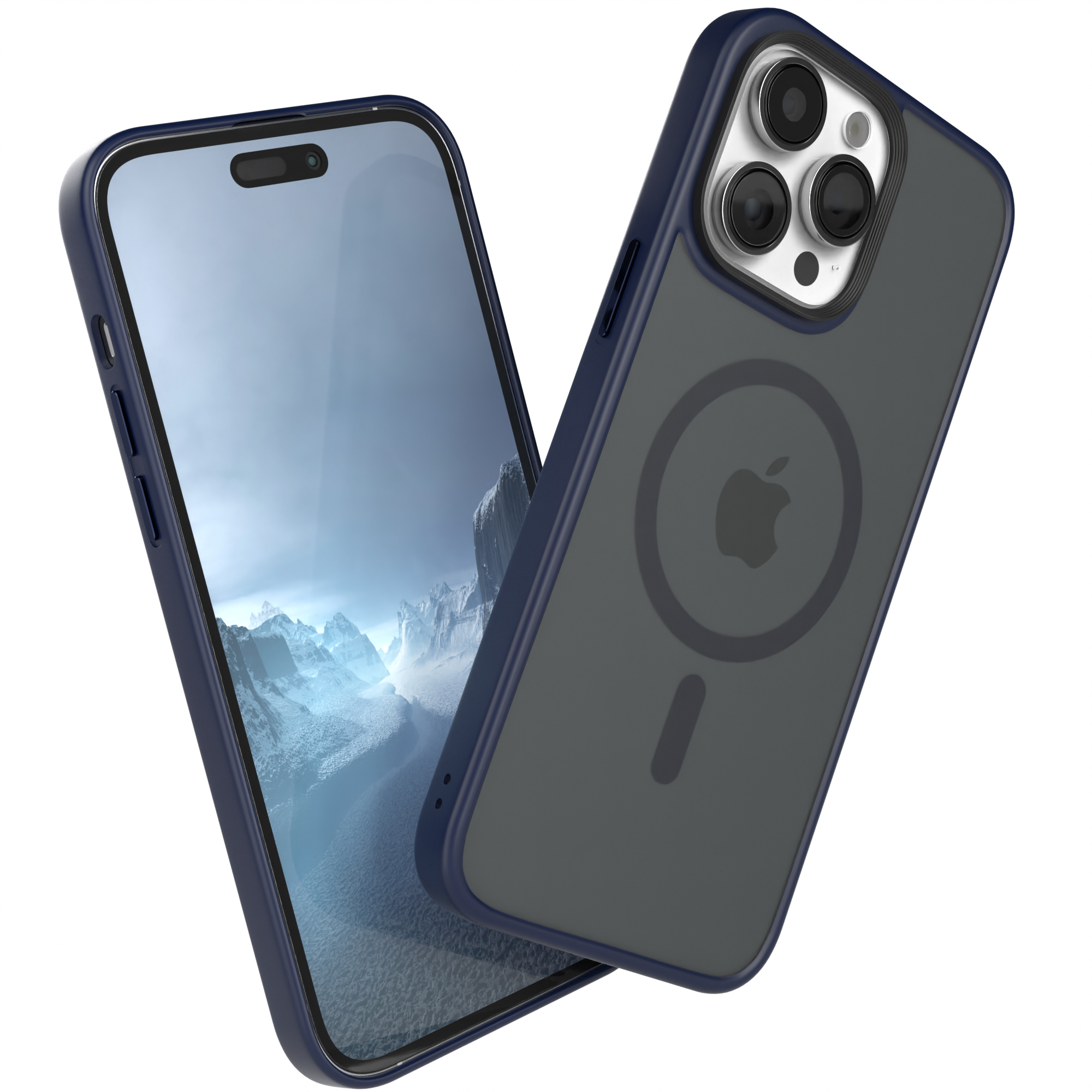 Blaue und schwarze Handyhülle mit Telefon. Das Telefon hat einen dunklen Hintergrund.