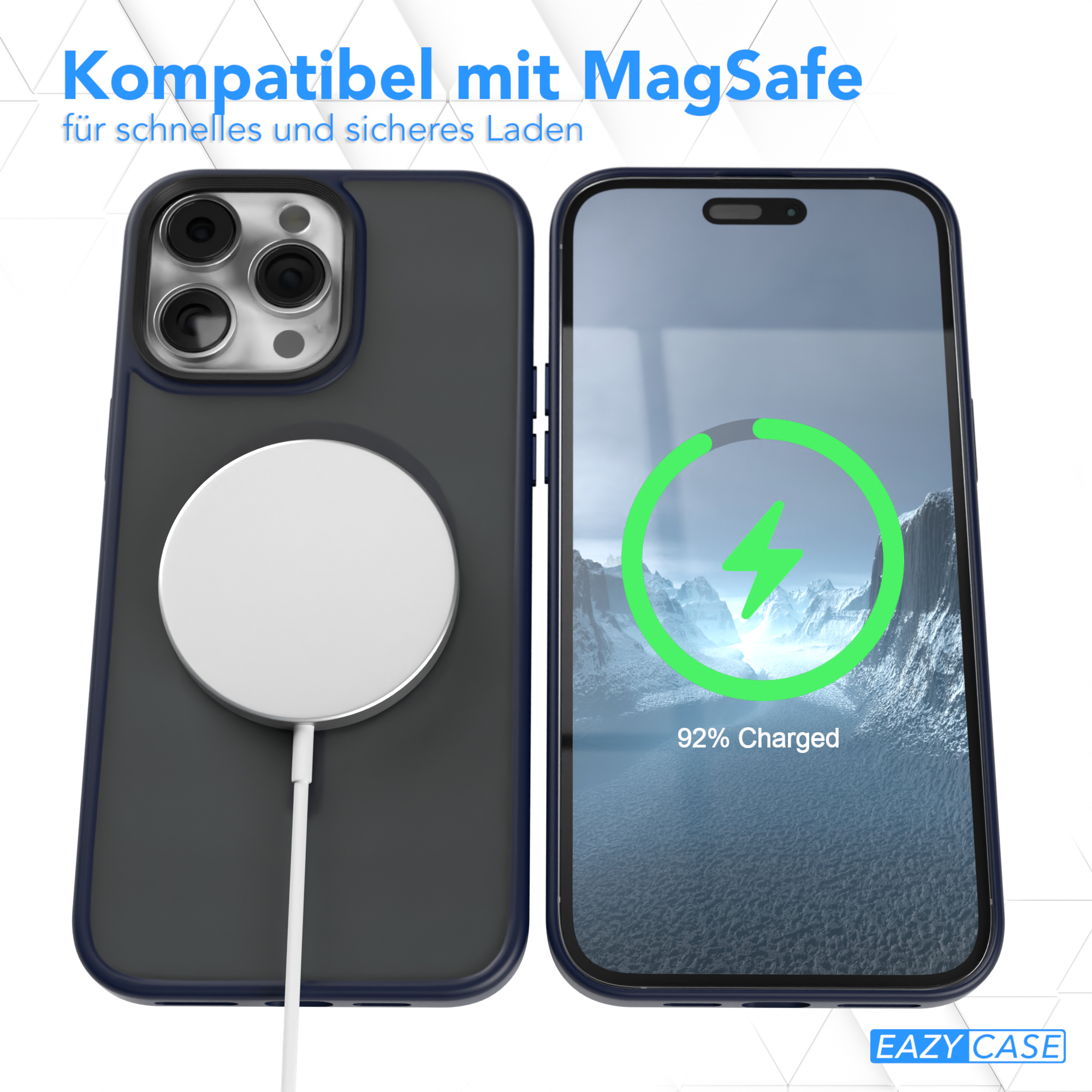Telefon mit MagSafe-Ladegerät angeschlossen und lädt, mit 92% Ladung.