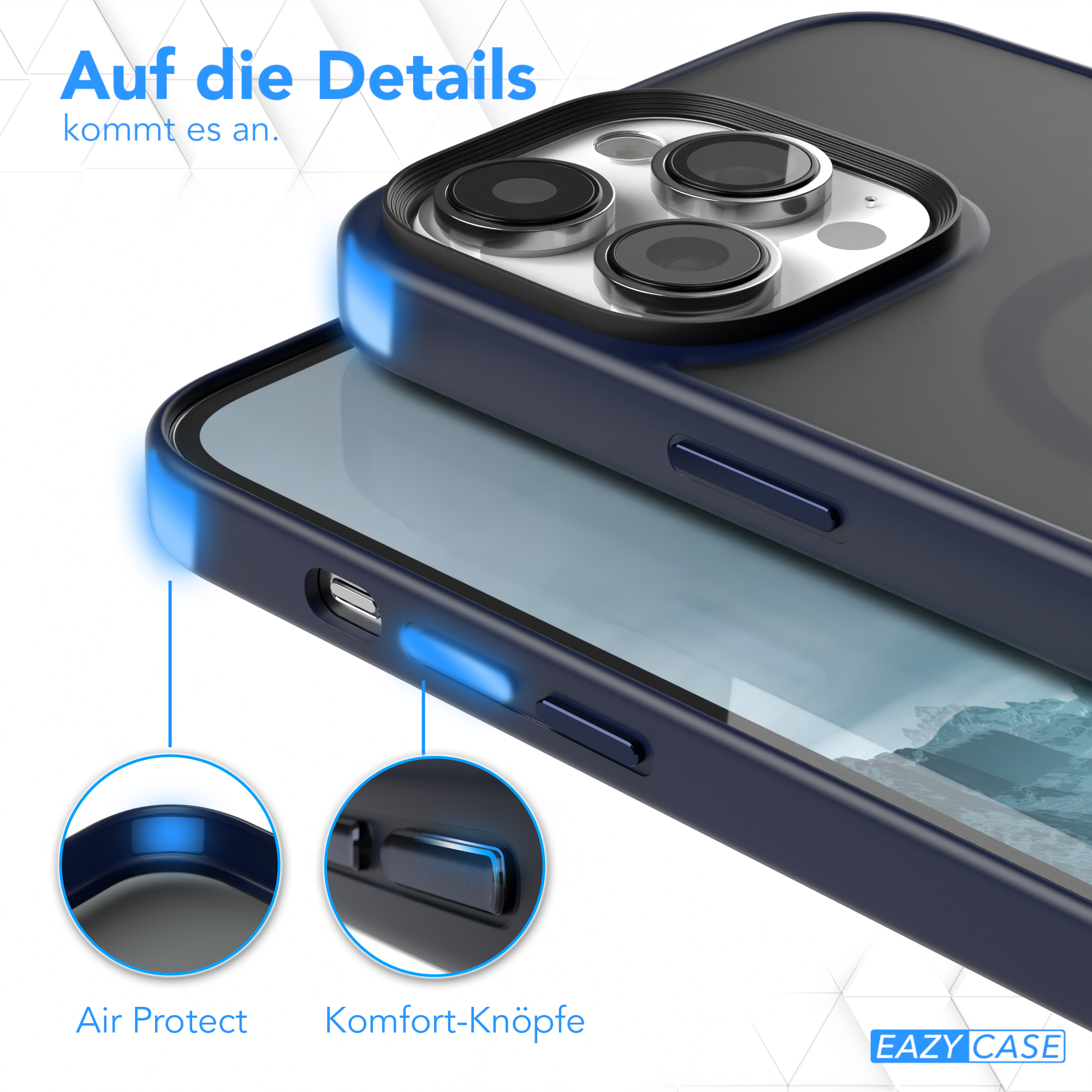 Nahaufnahme einer Handyhülle mit blauen Akzenten. Zwei Kreise mit Details. Eazy Case Logo unten.