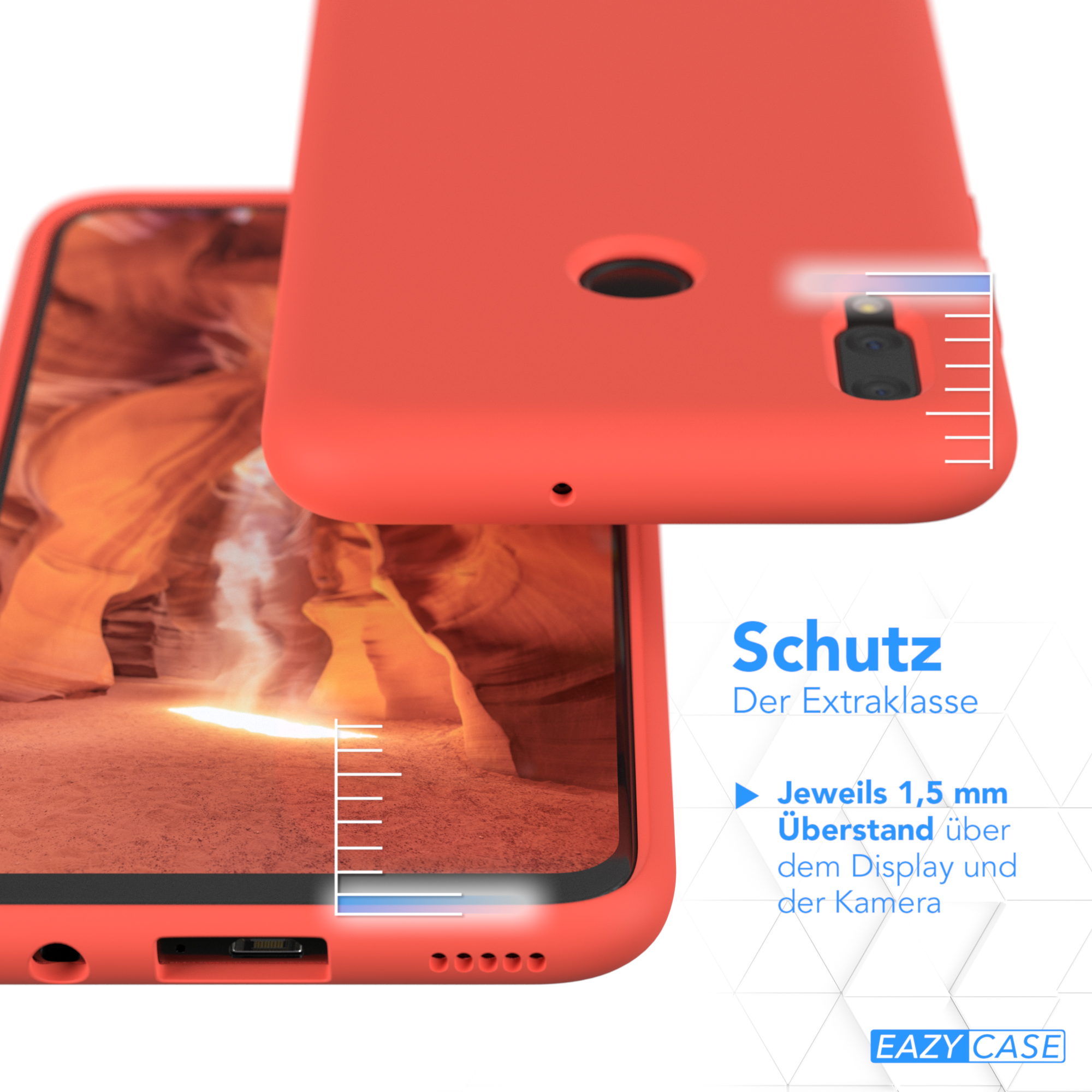Handyhülle in Rot. Zwei Teile zeigen die Abdeckung über Display und Kamera mit Messungen.
