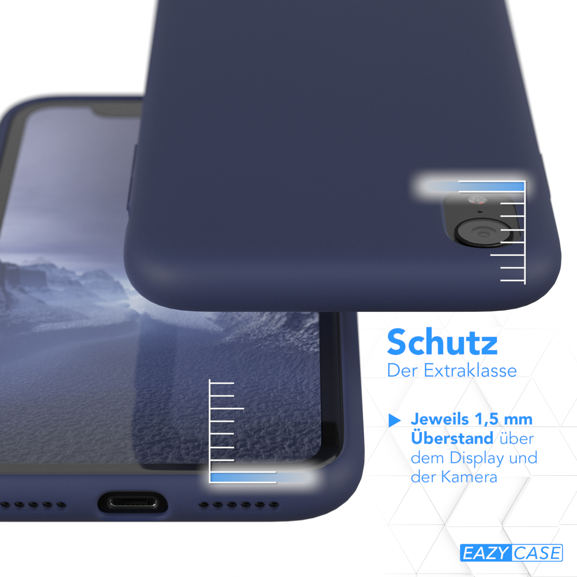 Blaue Handyhülle mit Telefon darin. Die Hülle ragt über Bildschirm und Kamera hinaus.